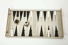 Backgammon Game, Cream Shagreen, Black Sea Shell and Brass Details
