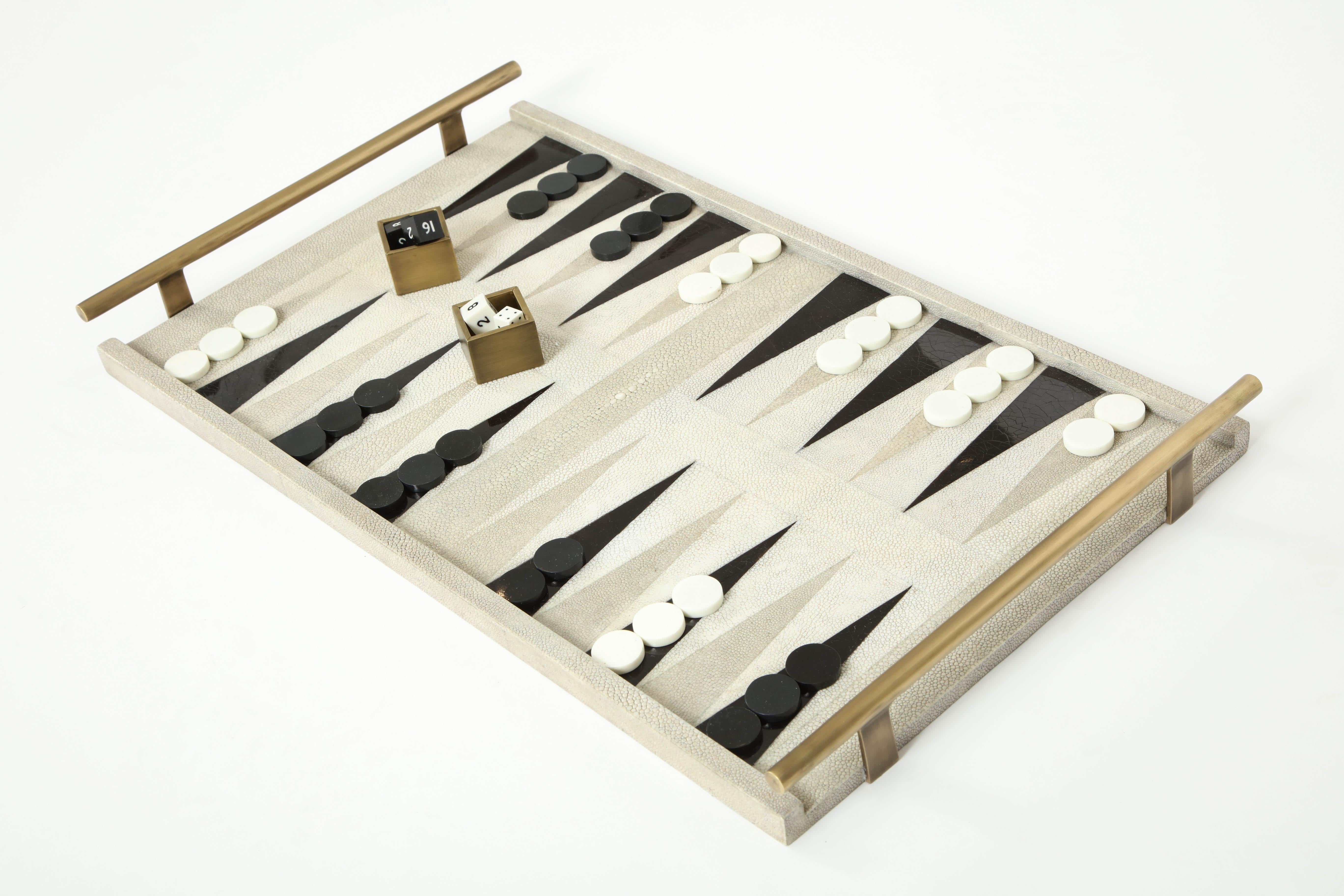 Art Deco Backgammon Game, Cream Shagreen, Black Sea Shell and Brass Details