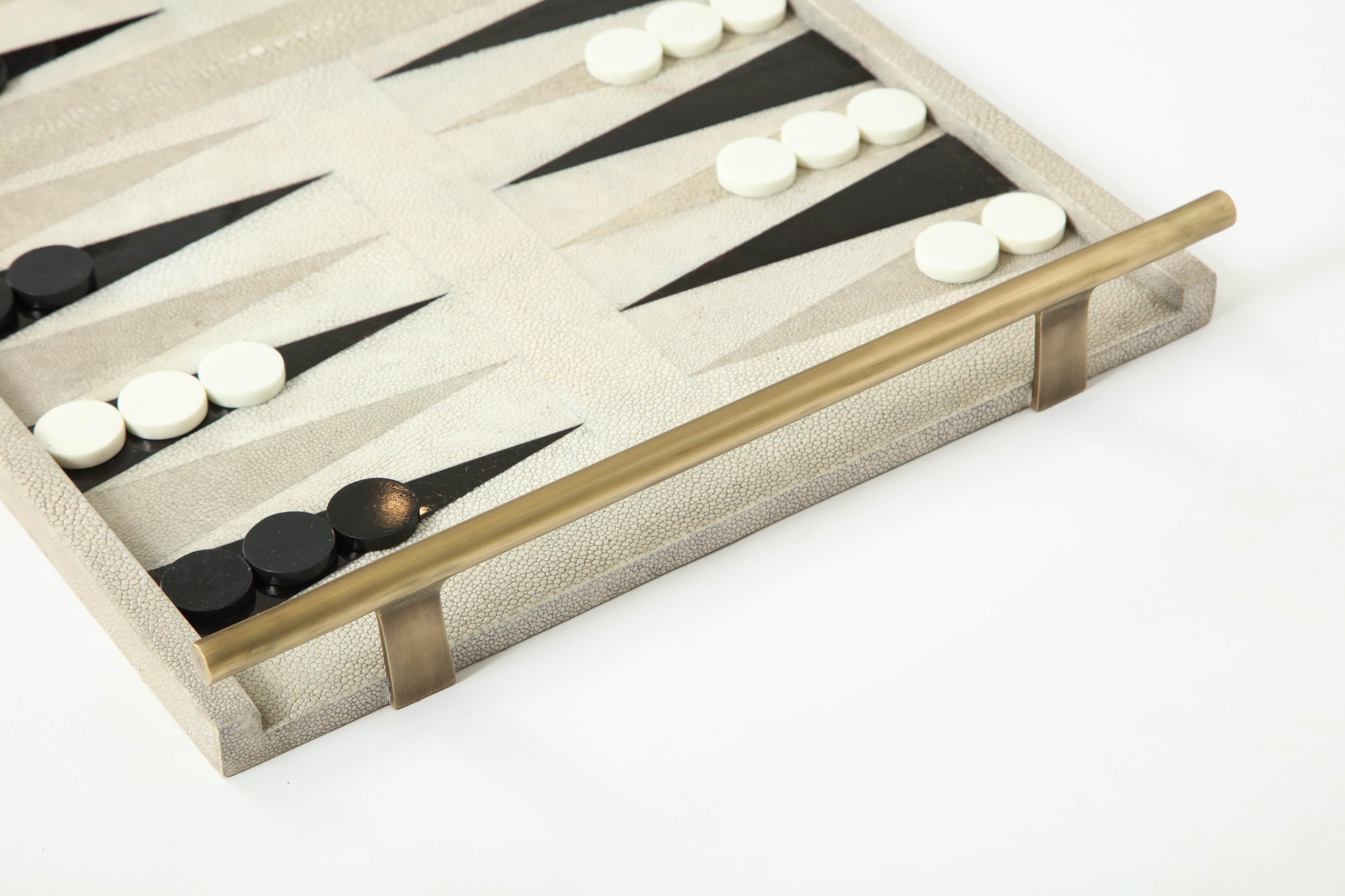 Philippine Backgammon Game, Cream Shagreen, Black Sea Shell and Brass Details
