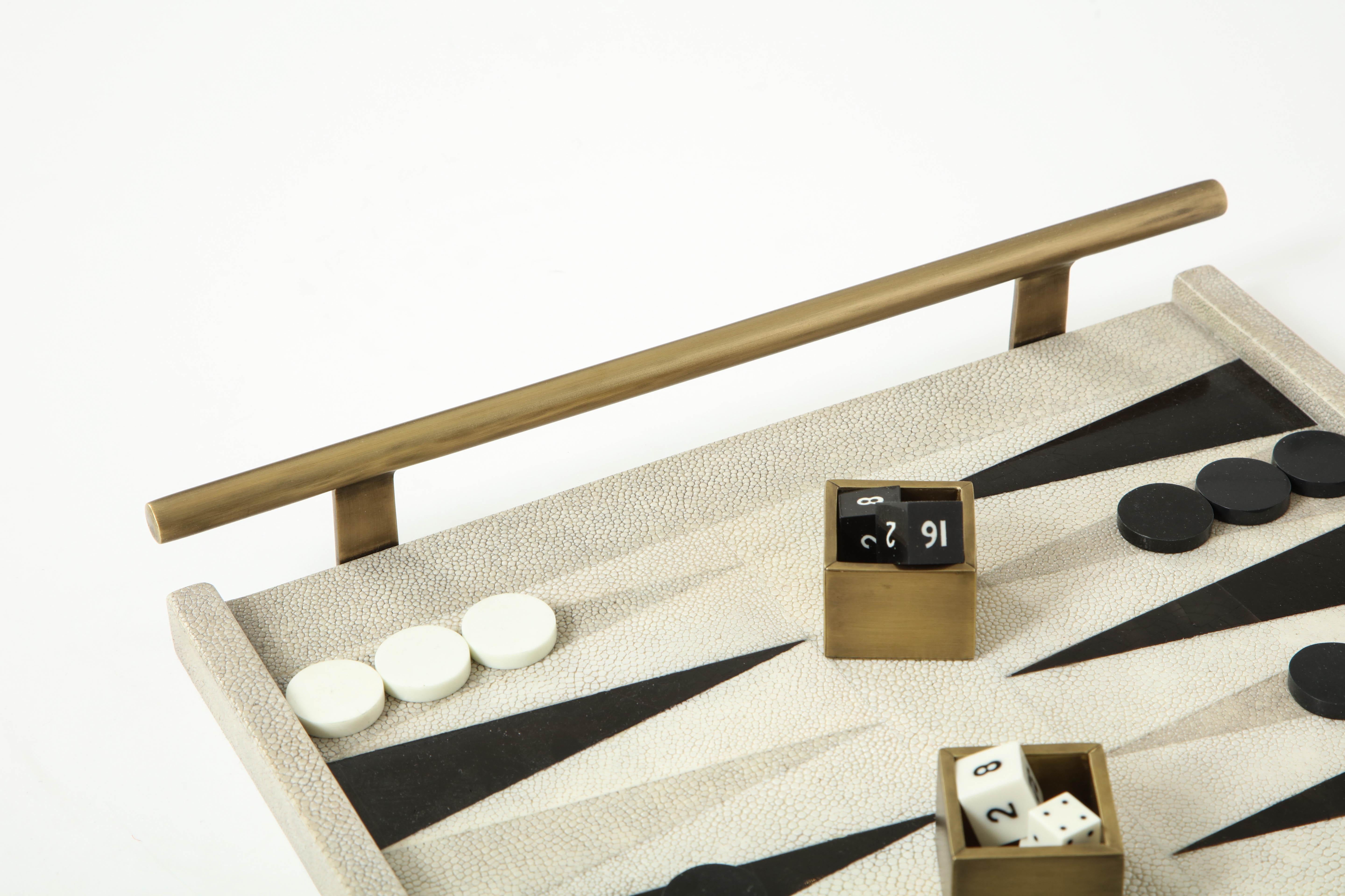 Hand-Crafted Backgammon Game, Cream Shagreen, Black Sea Shell and Brass Details