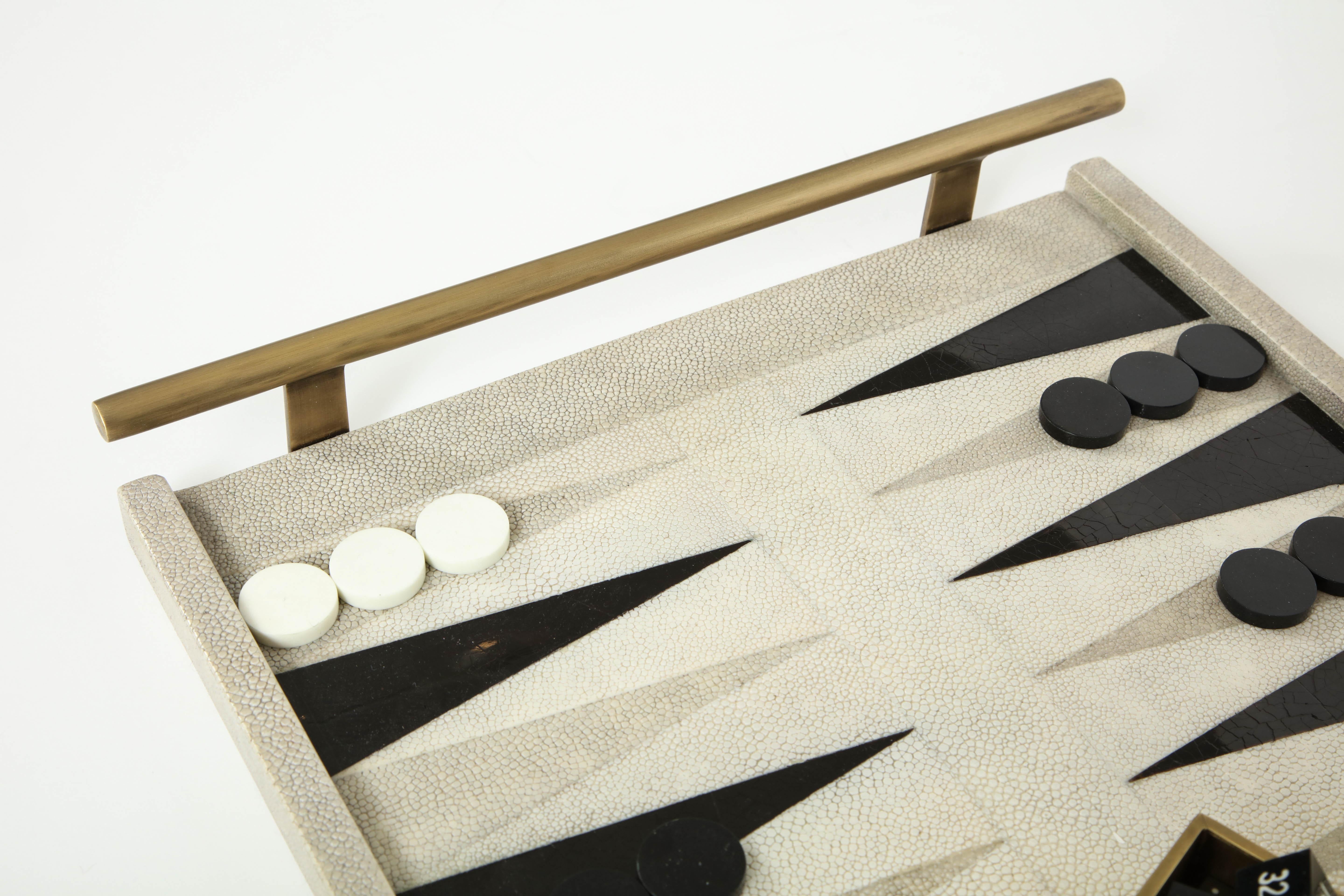 Backgammon Game, Cream Shagreen, Black Sea Shell and Brass Details 2