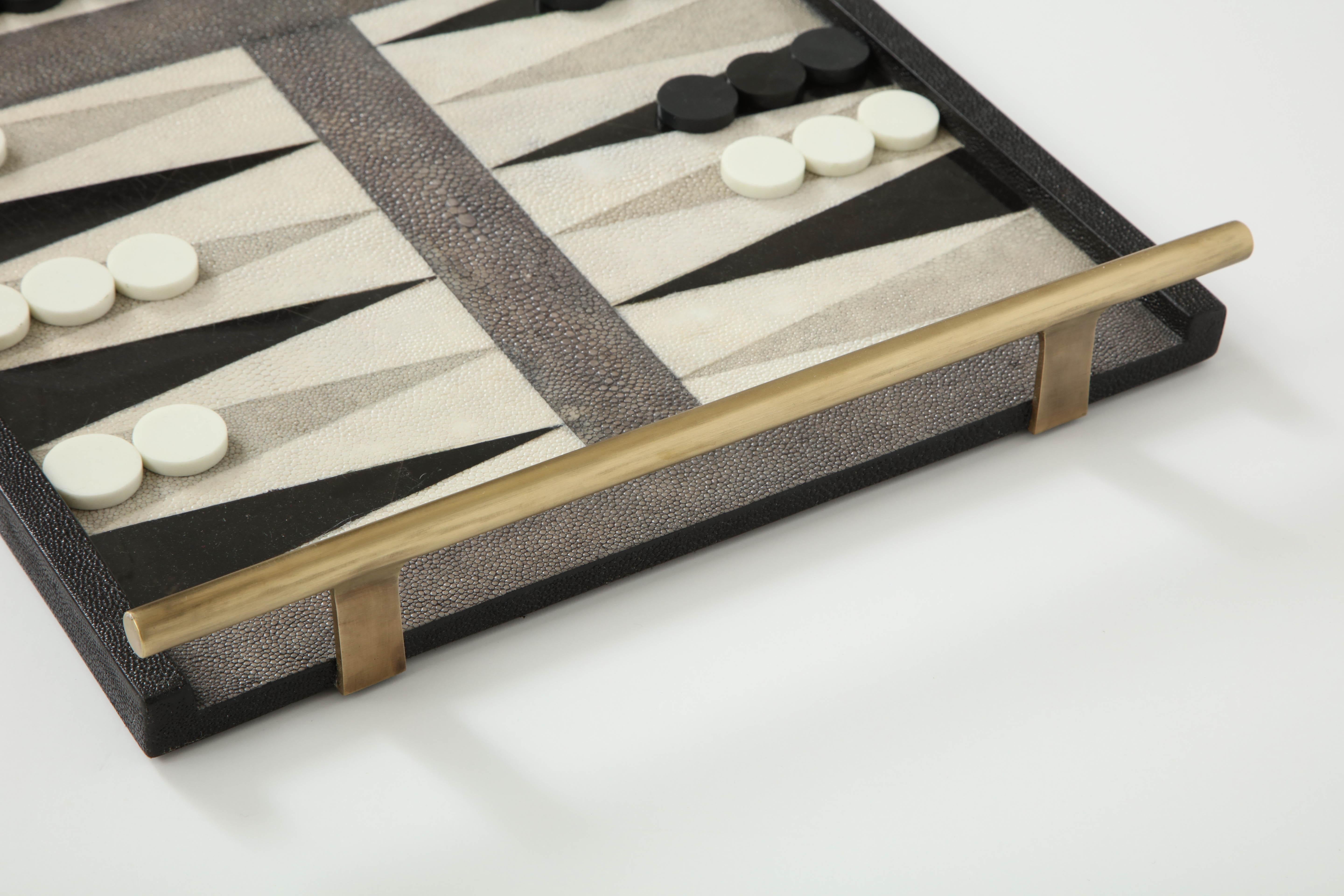 Philippine Shagreen Backgammon Game with Bronze Details