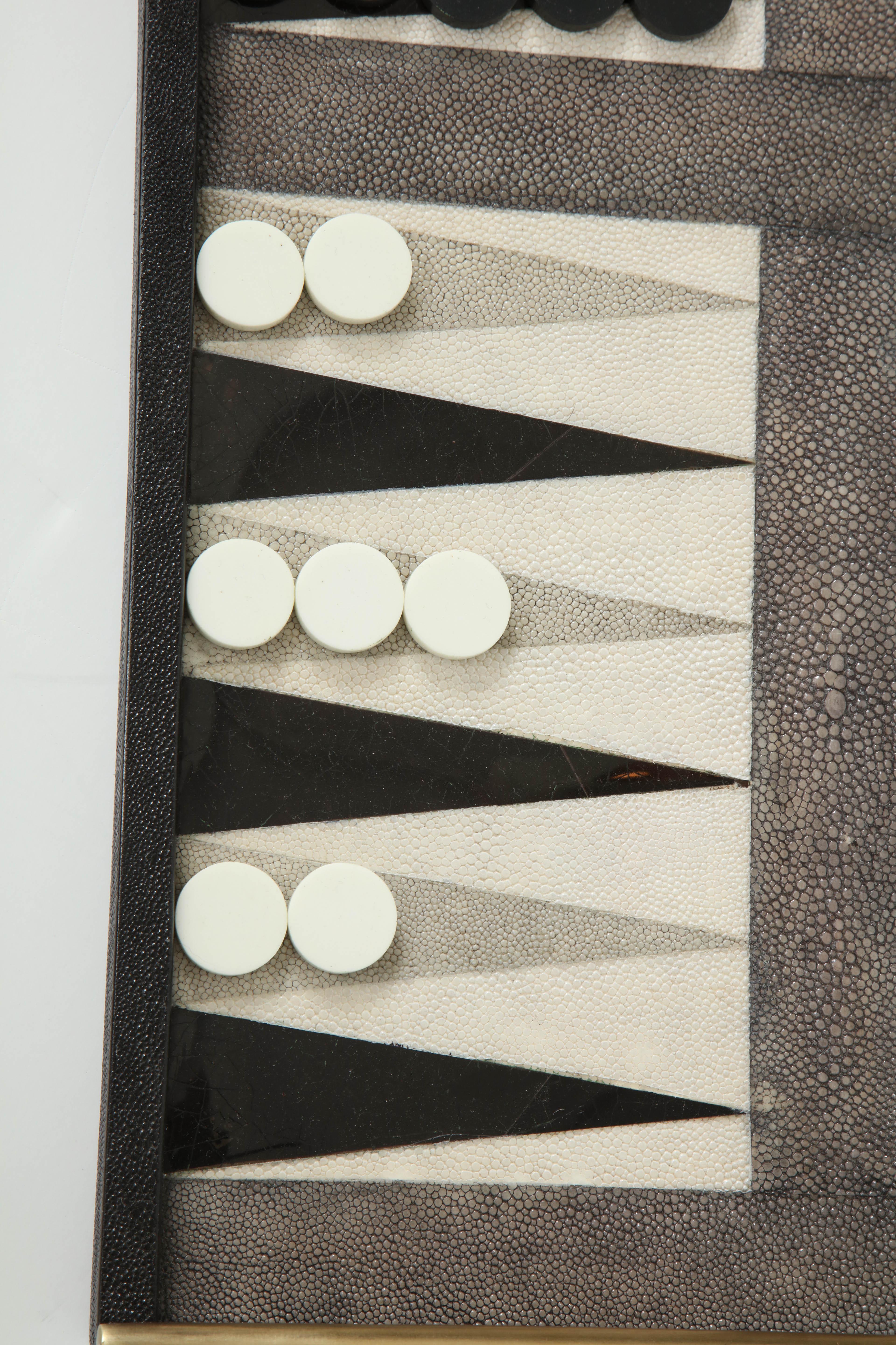 Shagreen Backgammon Game with Bronze Details In Excellent Condition In New York, NY
