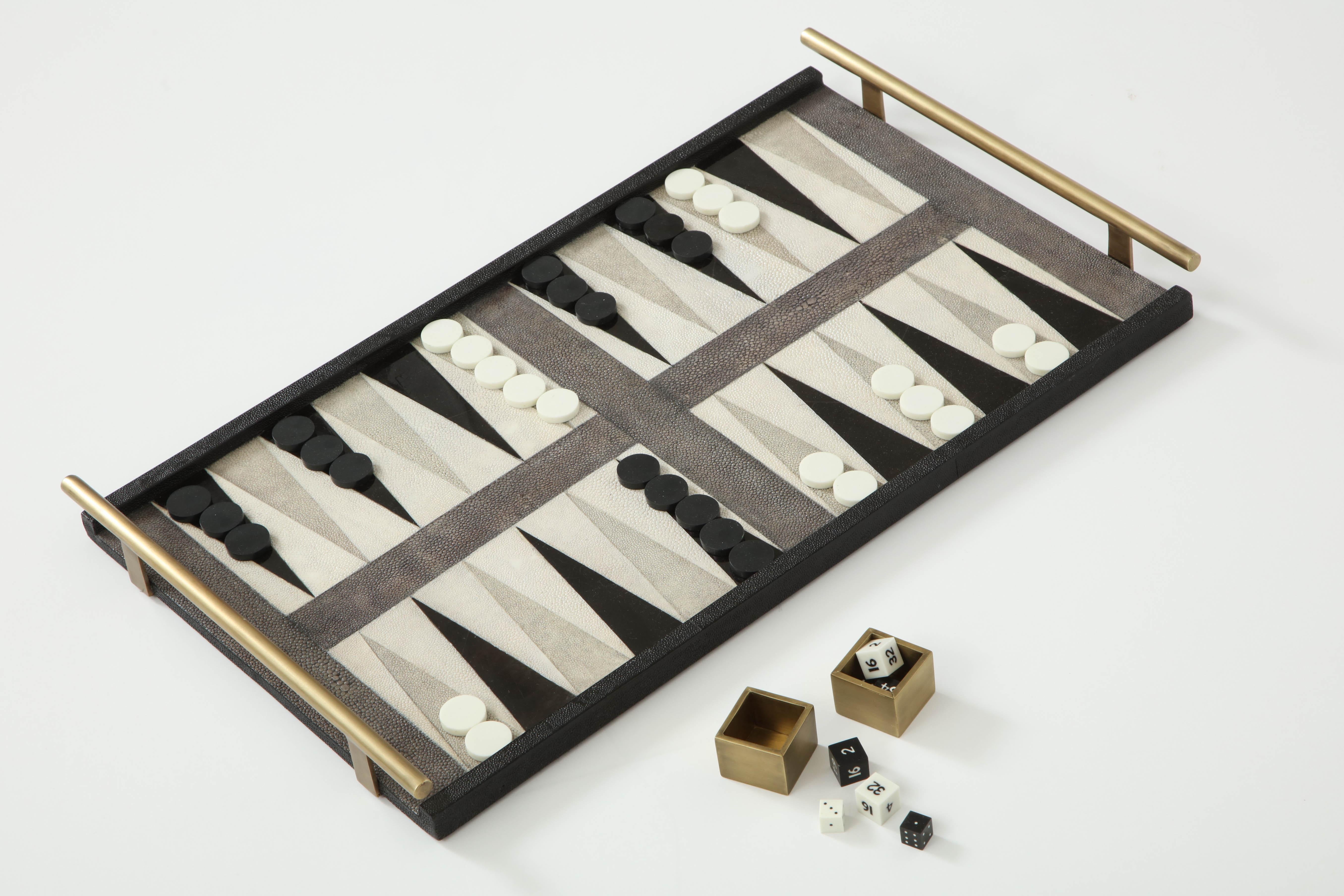 Contemporary Shagreen Backgammon Game with Bronze Details
