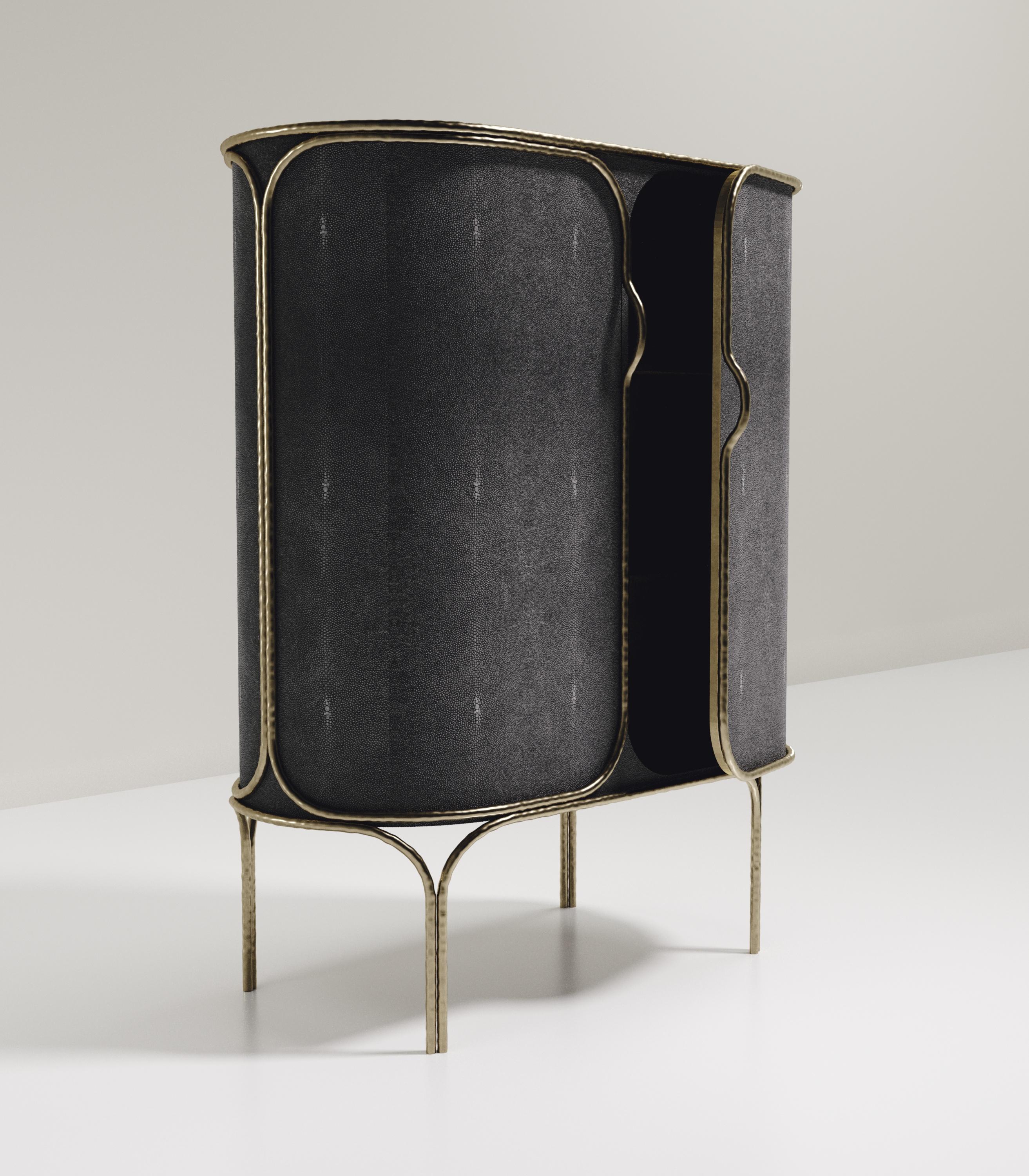 Art Deco Shagreen Bar Cabinet with Bronze-Patina Brass Details by R&Y Augousti For Sale