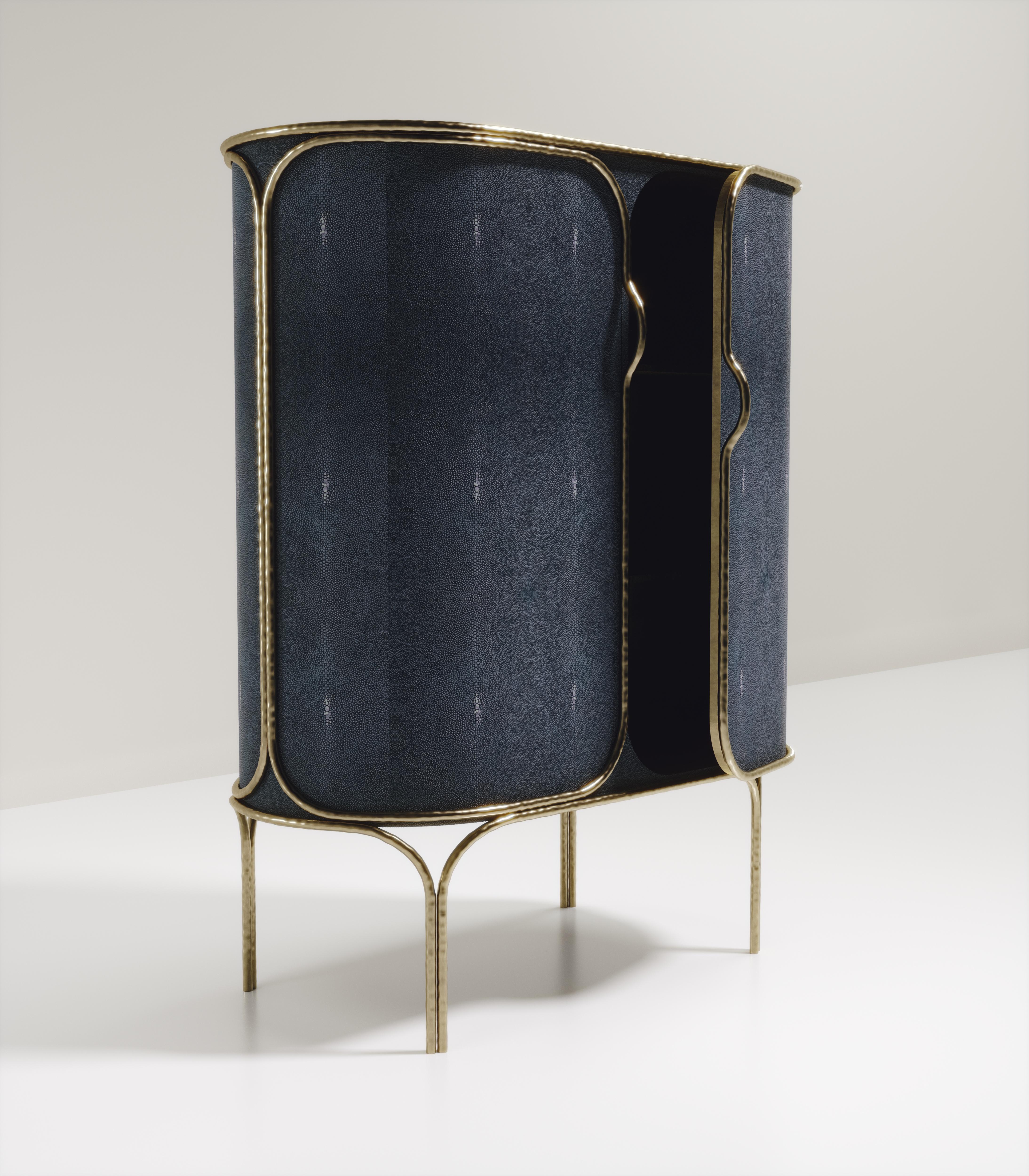 Art Deco Shagreen Bar Cabinet with Bronze-Patina Brass Details by R&Y Augousti For Sale