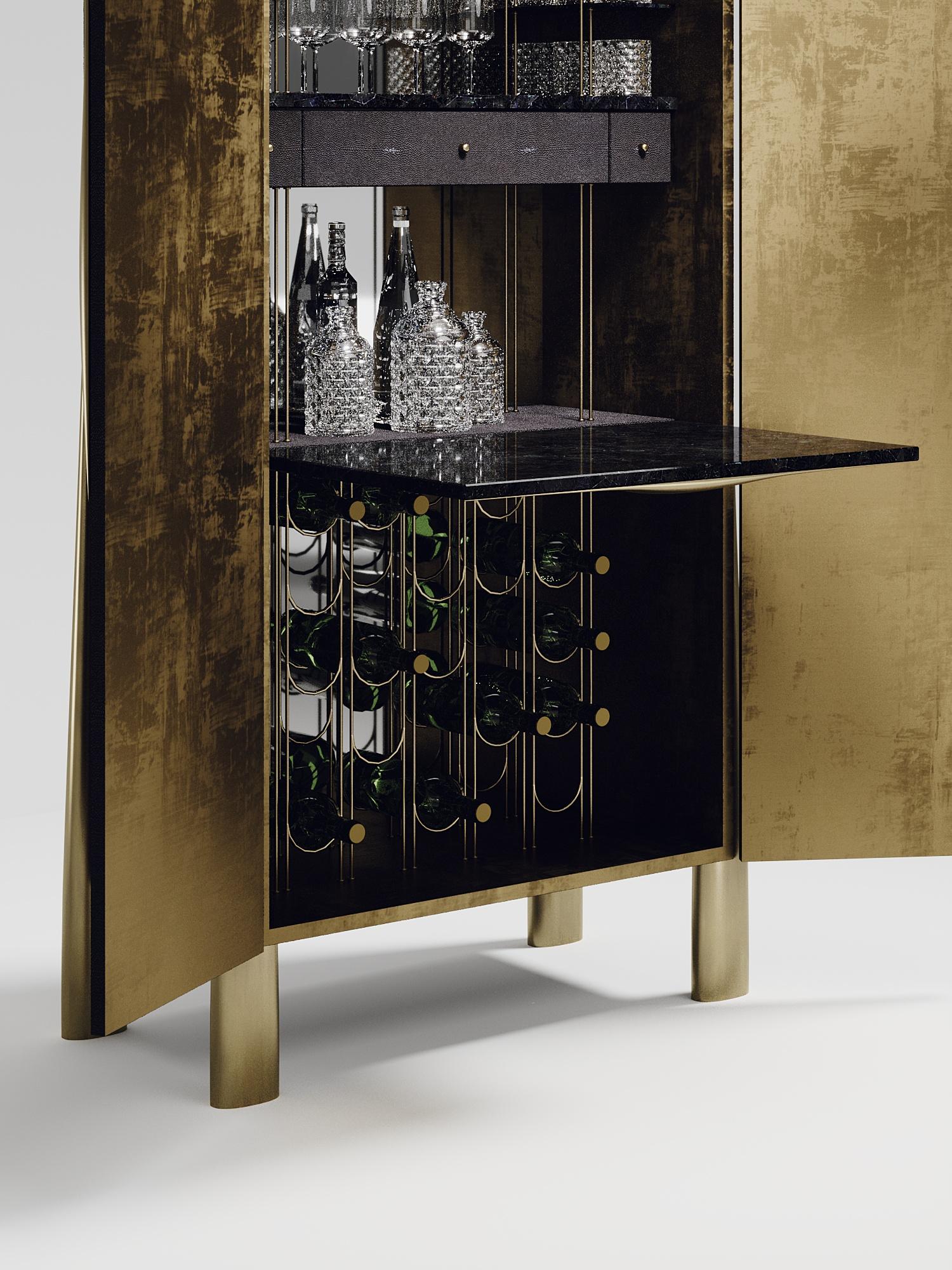 Hand-Crafted Shagreen Bar Cabinet with Bronze-Patina Brass Details by R&Y Augousti For Sale