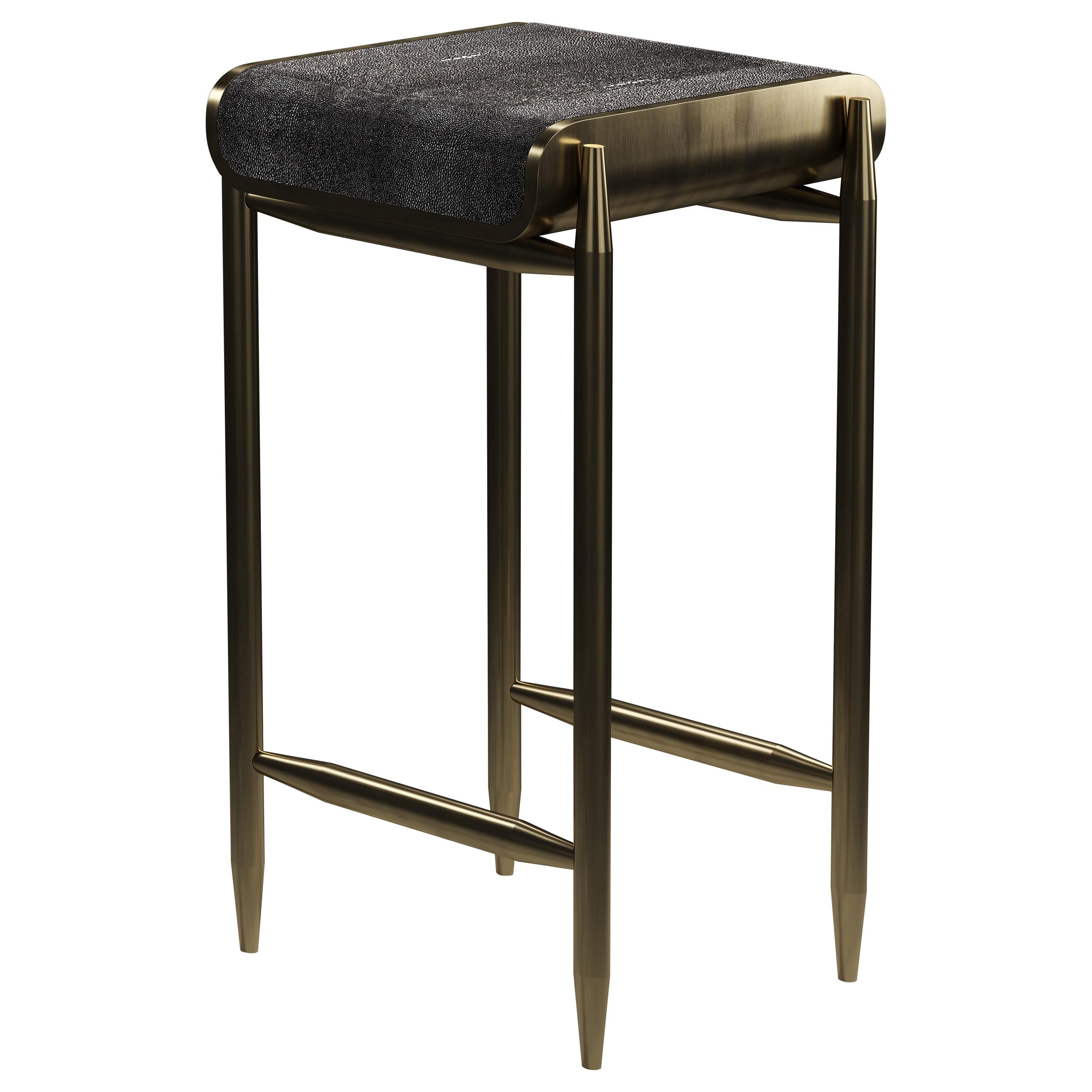 Shagreen Bar Stool with Bronze-Patina Brass Details by Kifu Paris For Sale