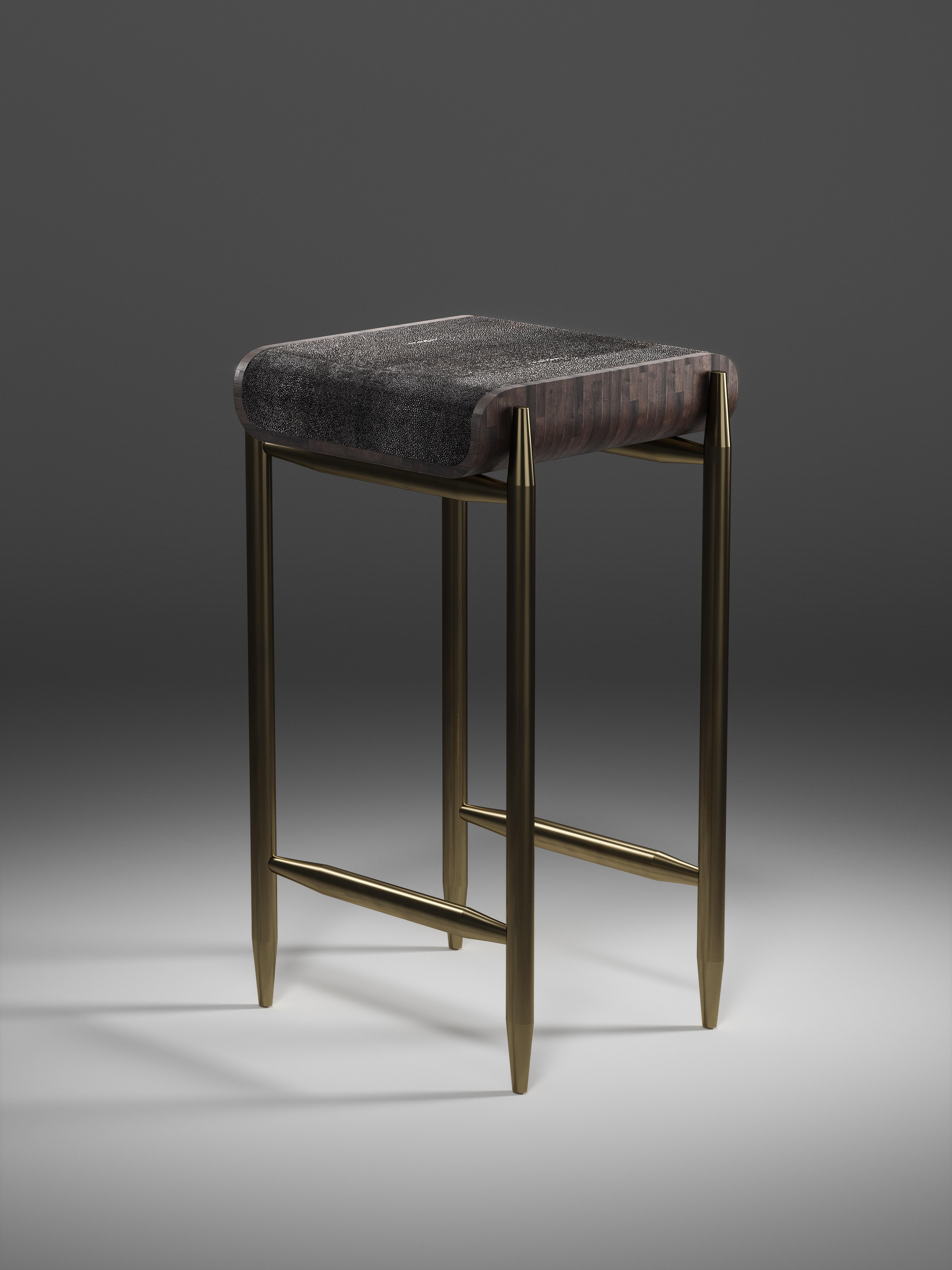 Inlay Shagreen Bar Stool with Palmwood and Bronze-Patina Brass Details by Kifu Paris For Sale
