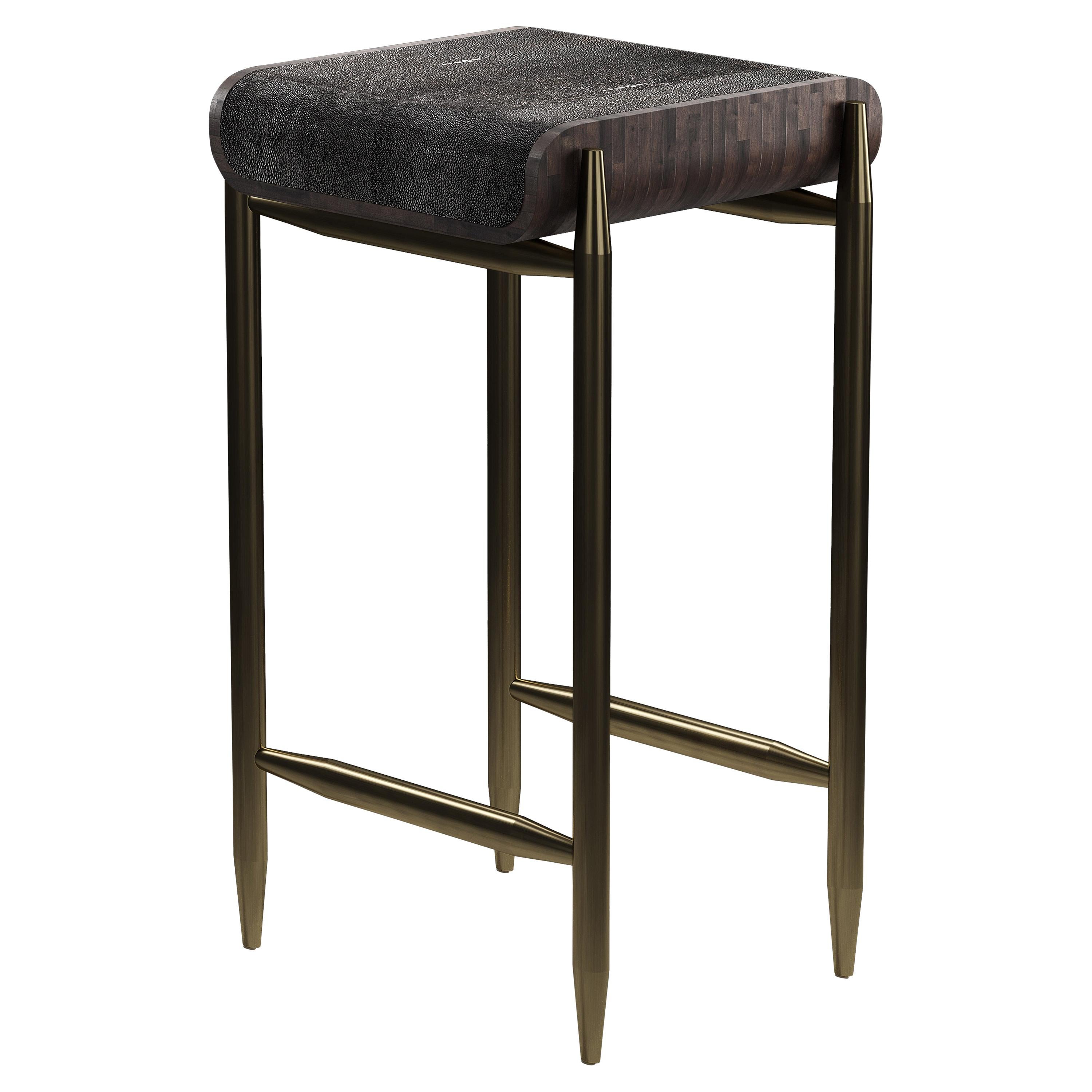 Shagreen Bar Stool with Palmwood and Bronze-Patina Brass Details by Kifu Paris