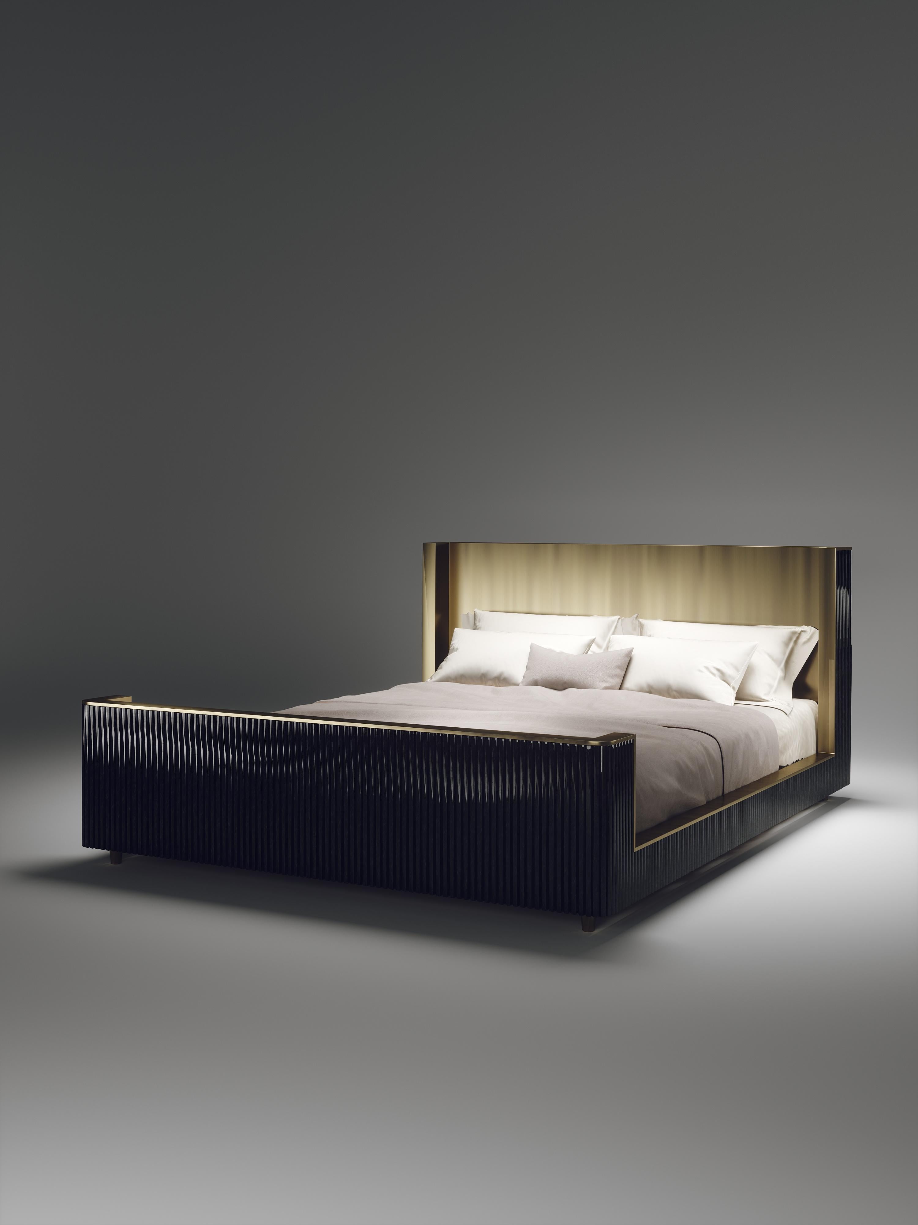 Brass Shagreen Bed Frame with Geometric Fluted Details by R&Y Augousti For Sale