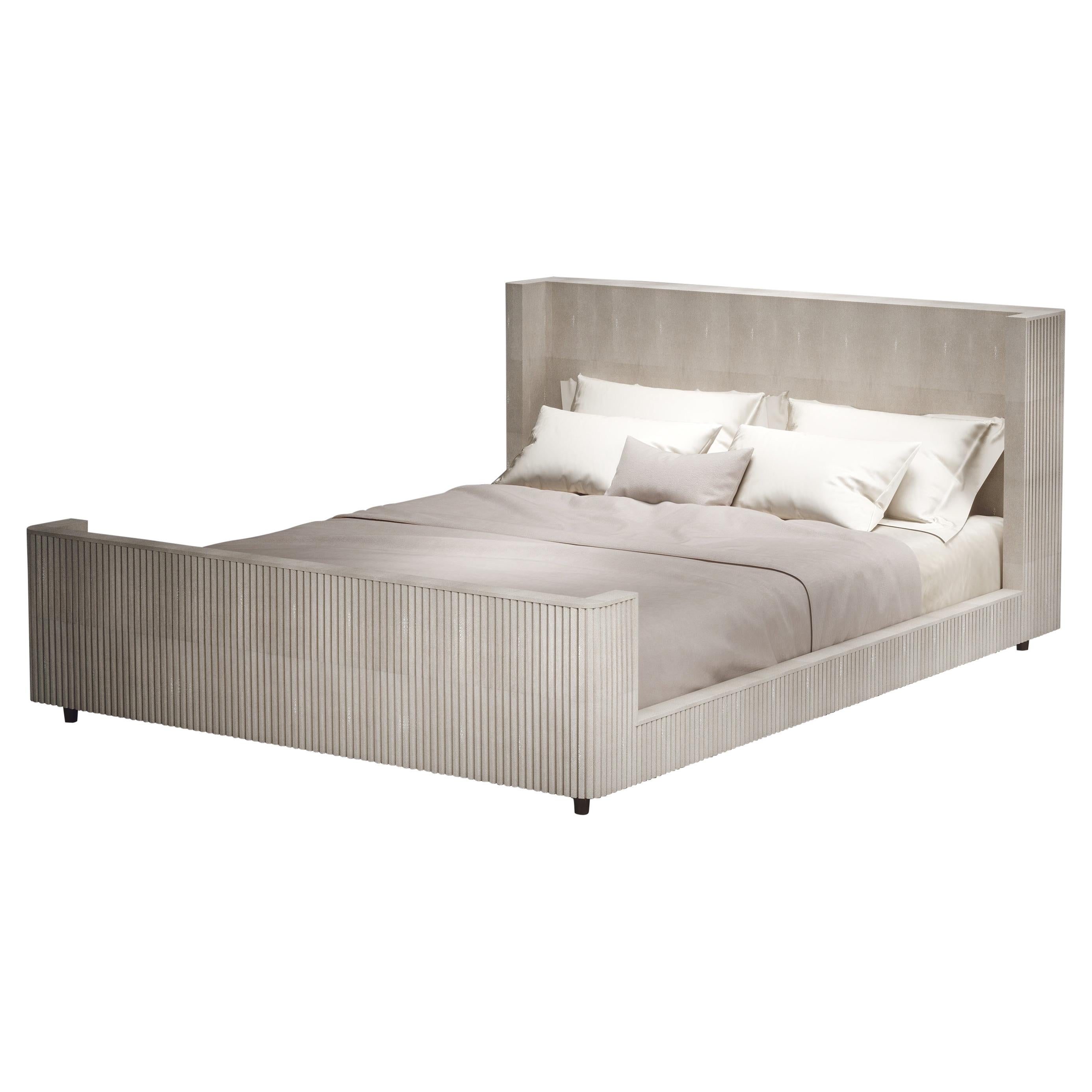 Shagreen Bed Frame with Geometric Fluted Details by R&Y Augousti For Sale