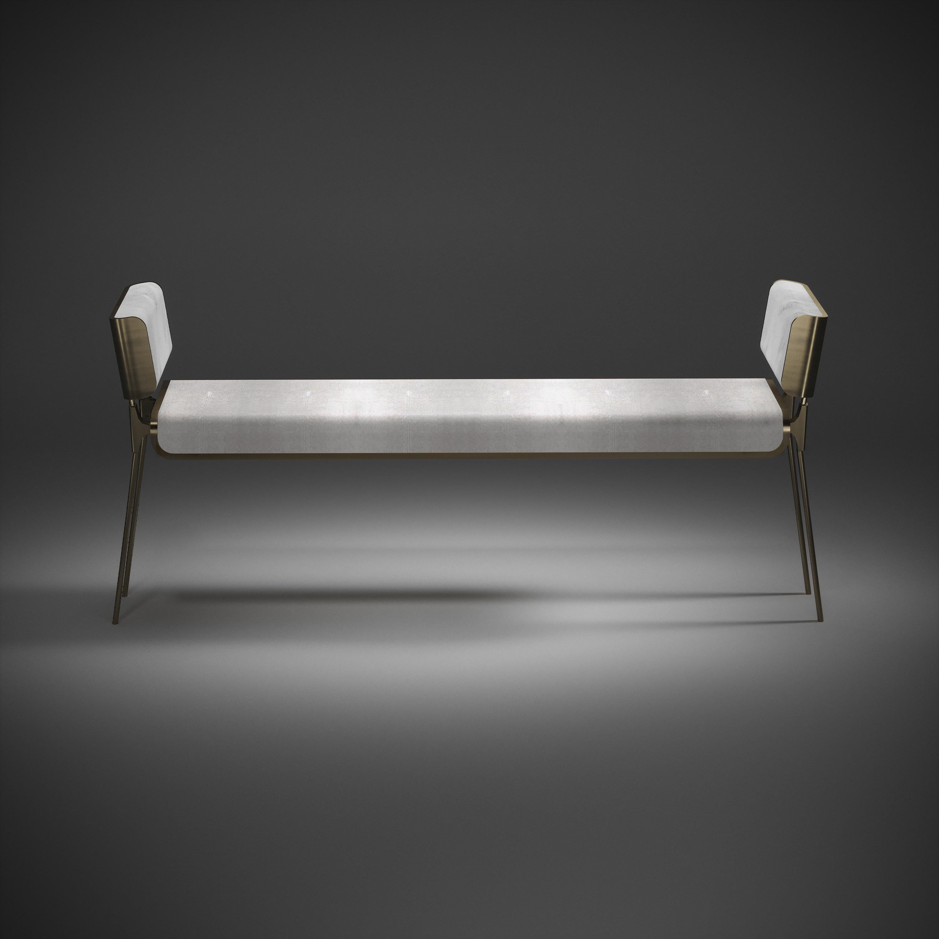 Hand-Crafted Shagreen Bench with Bronze-Patina Brass and Fur Upholstery by Kifu Paris For Sale