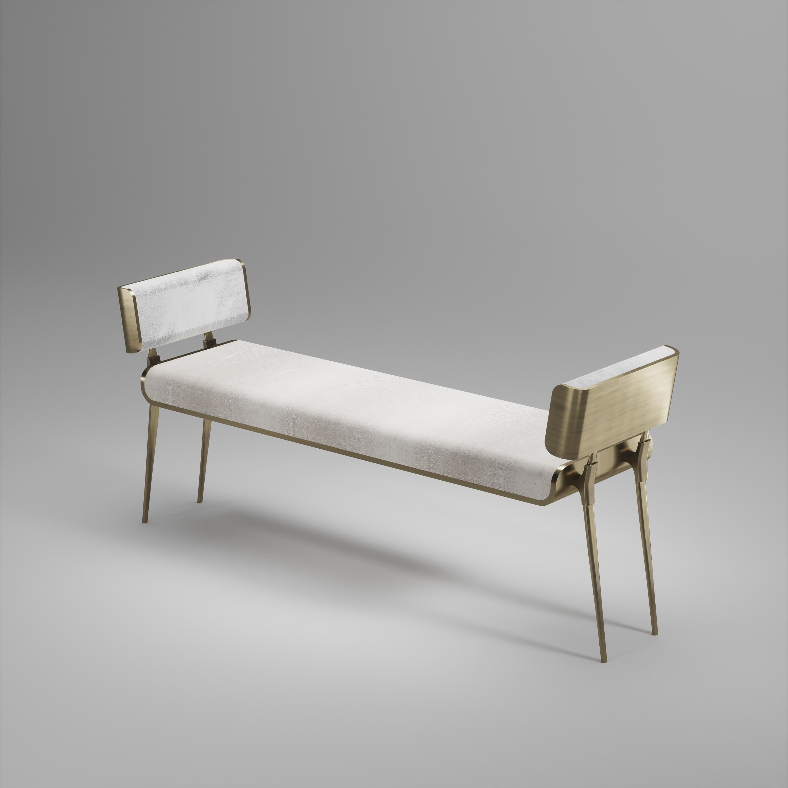 Inspired by the original Dandy Bench by Kifu Paris (see images at end of slide), the Dandy II Entrance Bench is the ultimate luxury seating. The seating area is inlaid in cream shagreen and the frame, legs and sides of the bench are completely