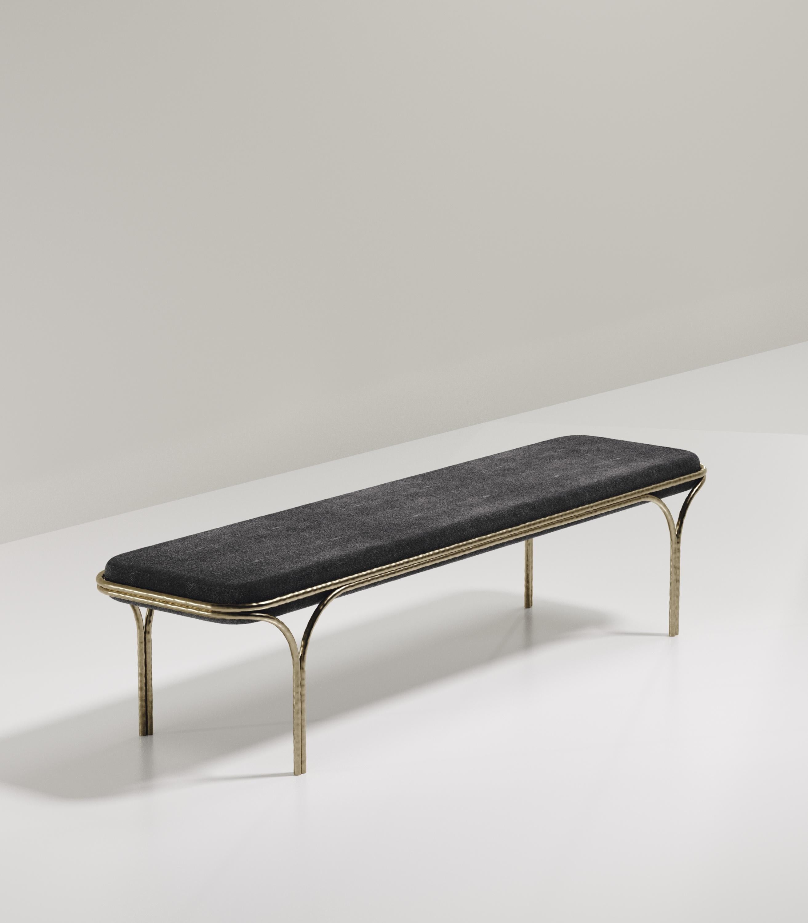 Art Deco Shagreen Bench with Bronze-Patina Brass Details by R&Y Augousti For Sale
