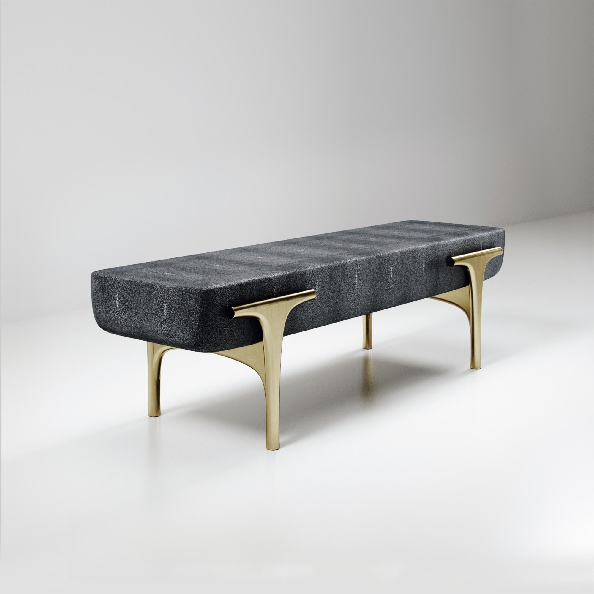 Hand-Crafted Shagreen Bench with Bronze-Patina Brass Details by R&Y Augousti For Sale