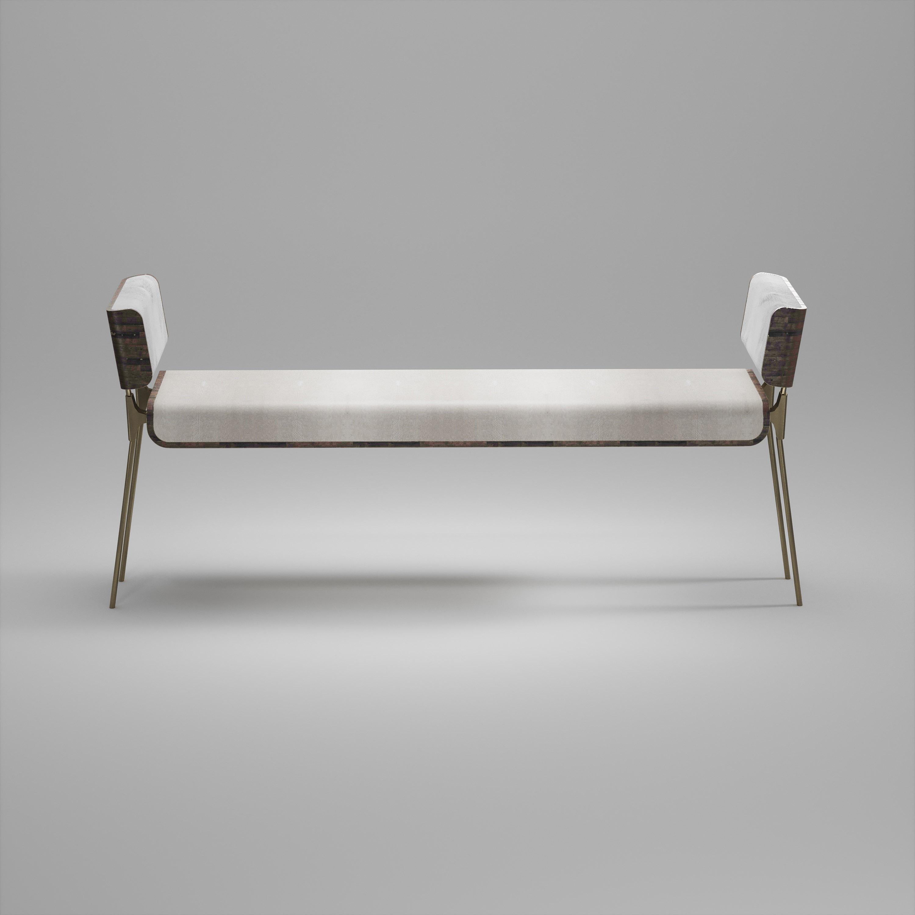 Shagreen Bench with Palmwood and Bronze-Patina Brass Details by Kifu Paris For Sale 2