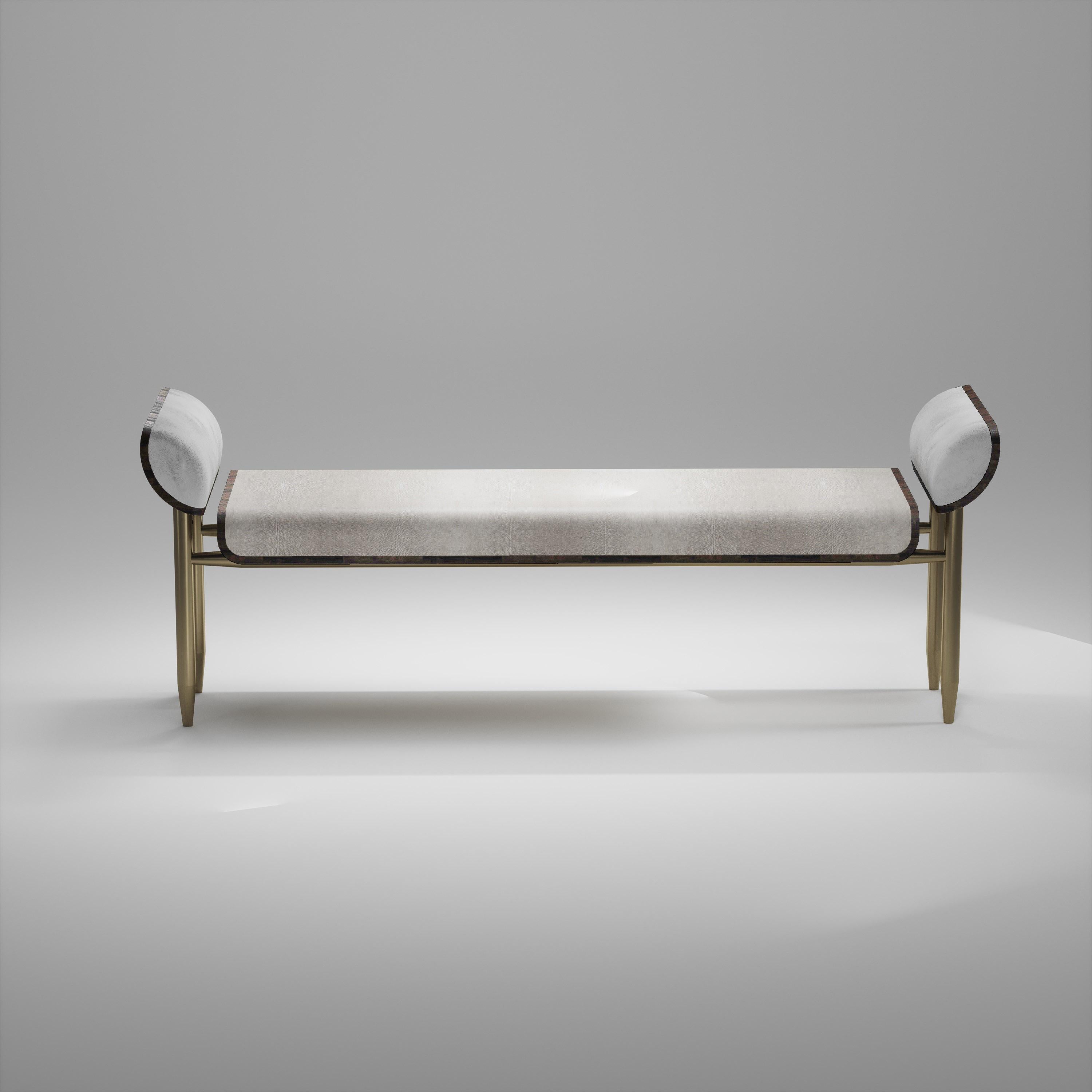 Shagreen Bench with Palmwood and Bronze-Patina Brass Details by Kifu Paris For Sale 4