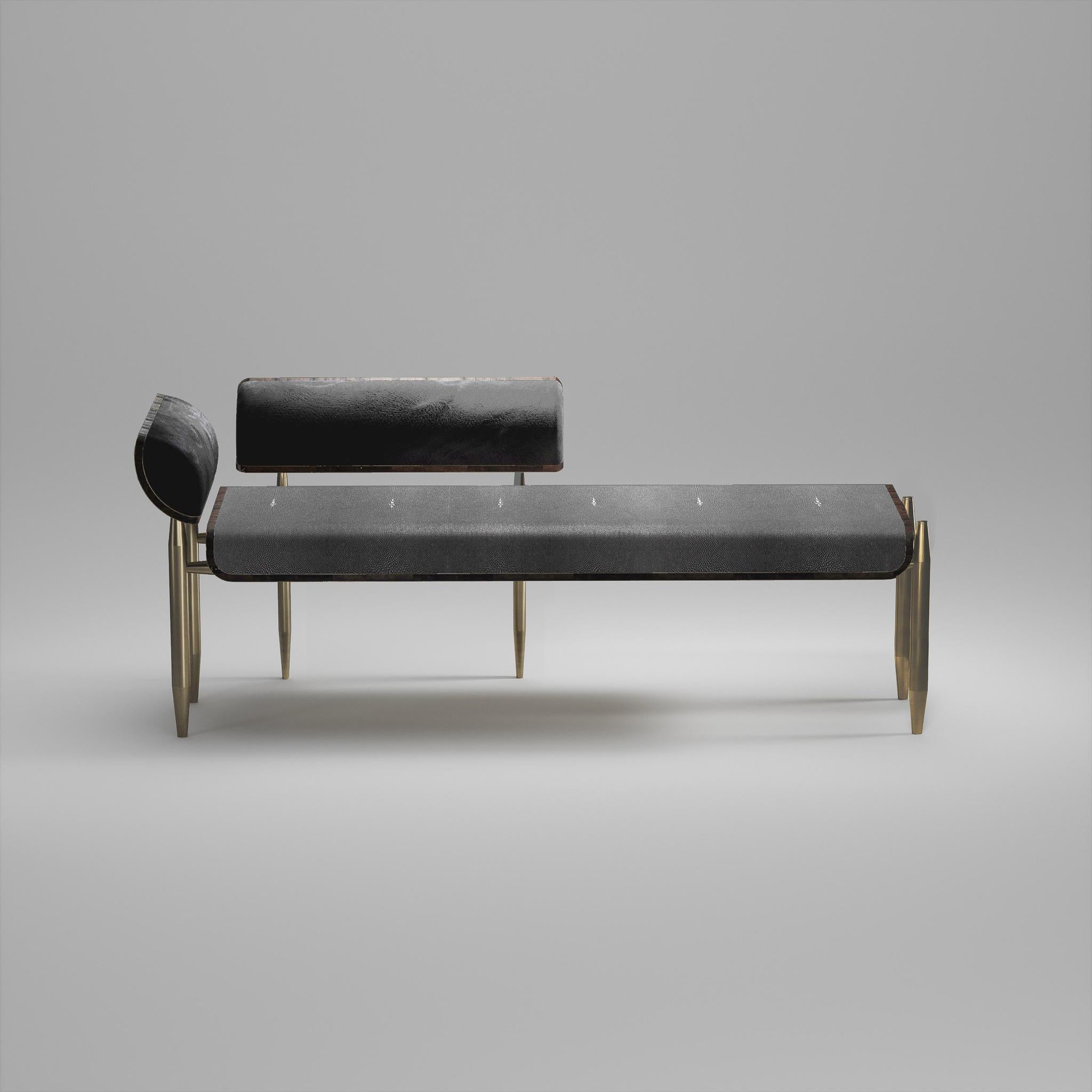 Shagreen Bench with Palmwood and Bronze-Patina Brass Details by Kifu Paris For Sale 5