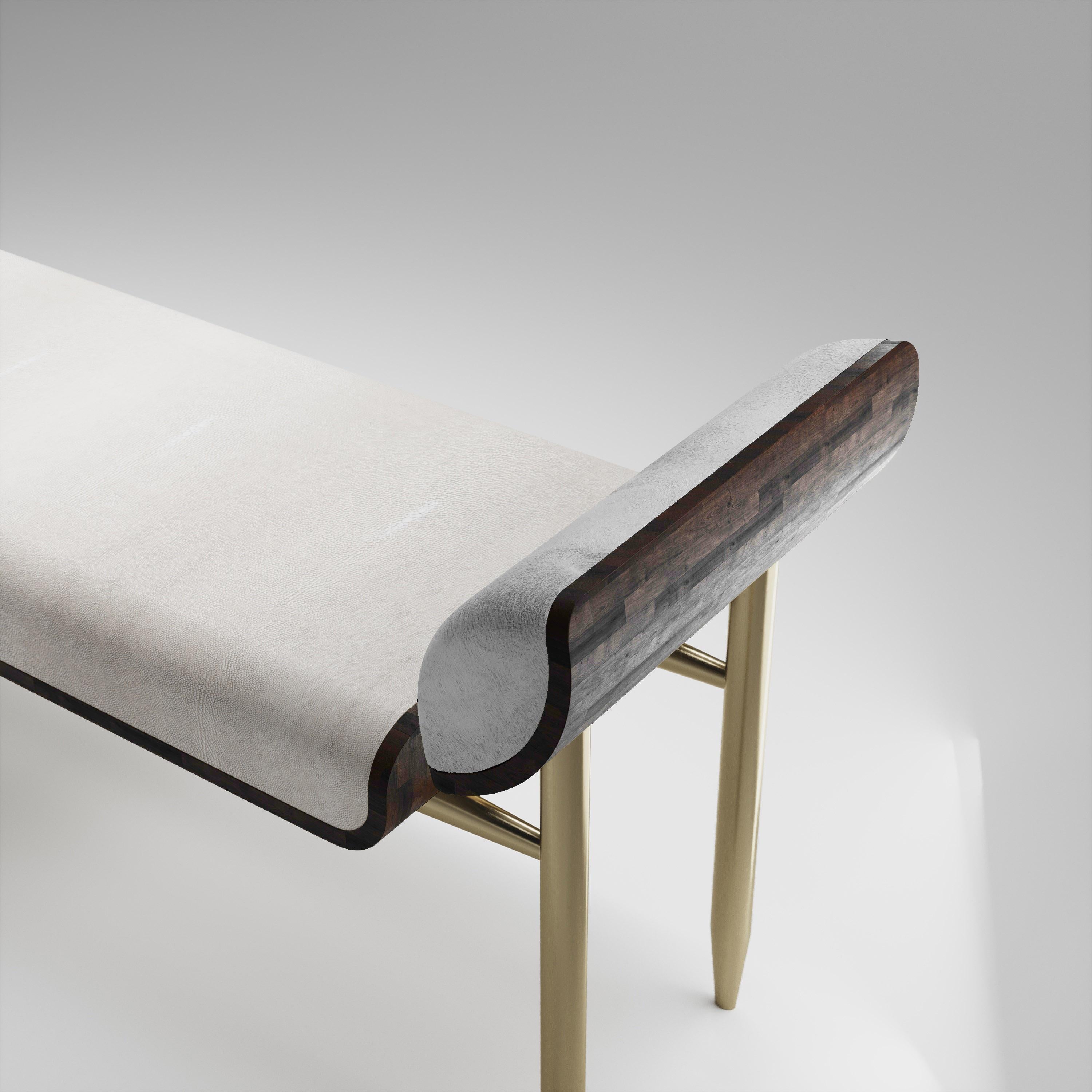 Shagreen Bench with Palmwood and Bronze-Patina Brass Details by Kifu Paris For Sale 8