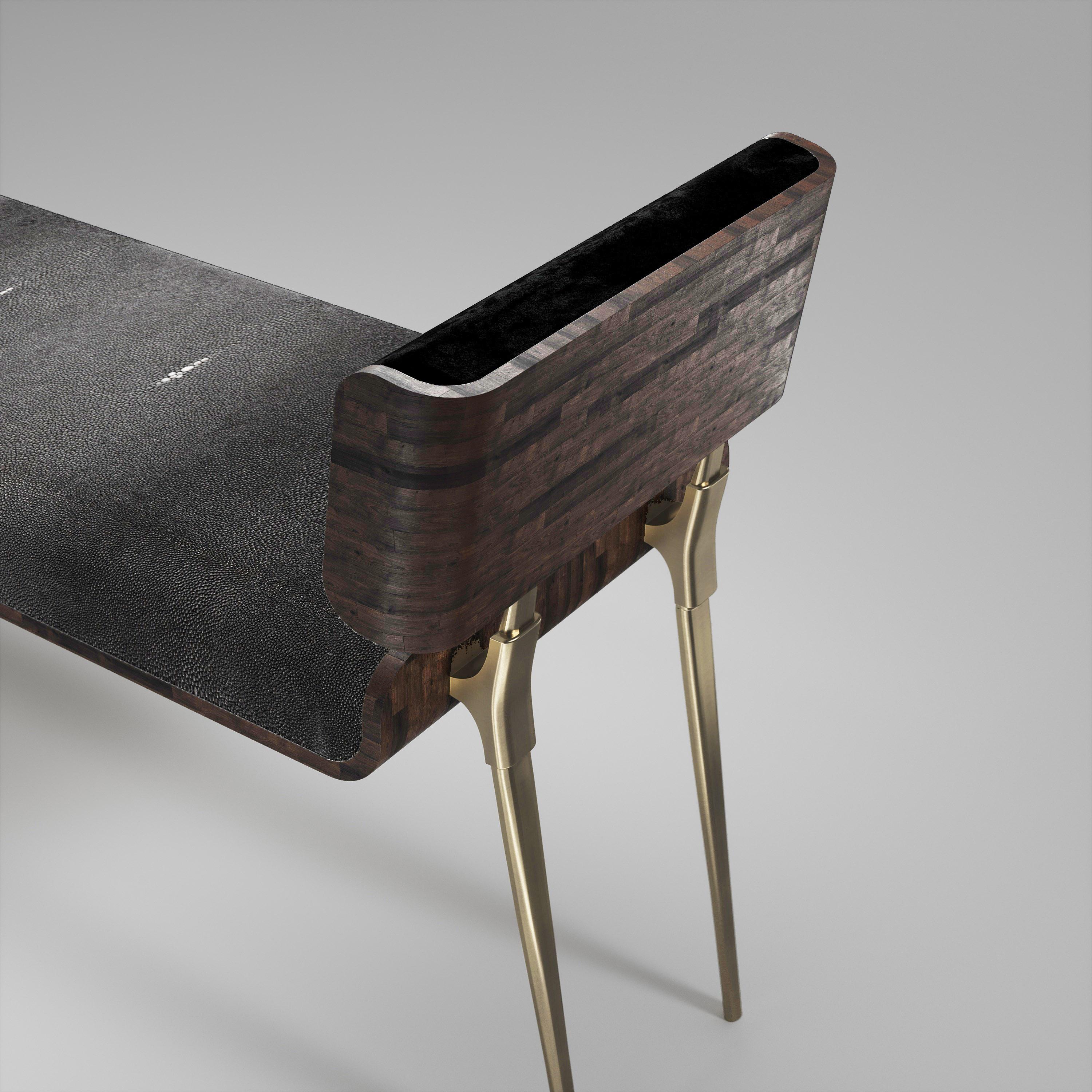 Inspired by the original Dandy Bench by Kifu Paris (see images at end of slide), the Dandy II Entrance Bench is the ultimate luxury seating. The seating area is inlaid in coal black shagreen the frame and sides of the bench in Palmwood and the legs