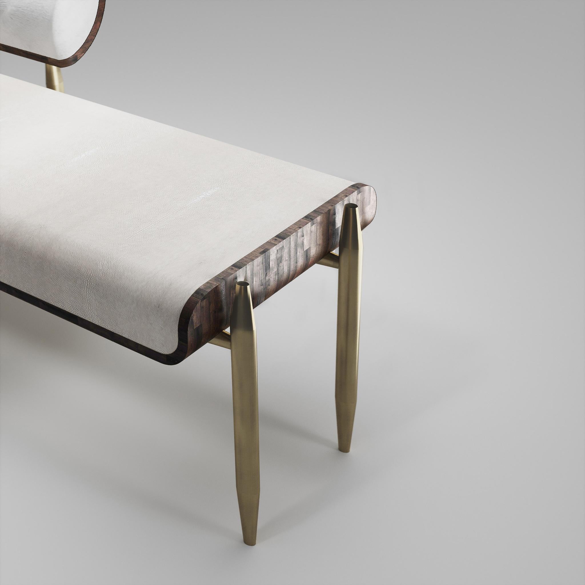 Inspired by the original Dandy Bench by Kifu Paris (see images at end of slide), the Dandy II day bed is the ultimate luxury seating. The seating area is inlaid in cream shagreen, the frame and sides of the bench in Palmwood and the legs are