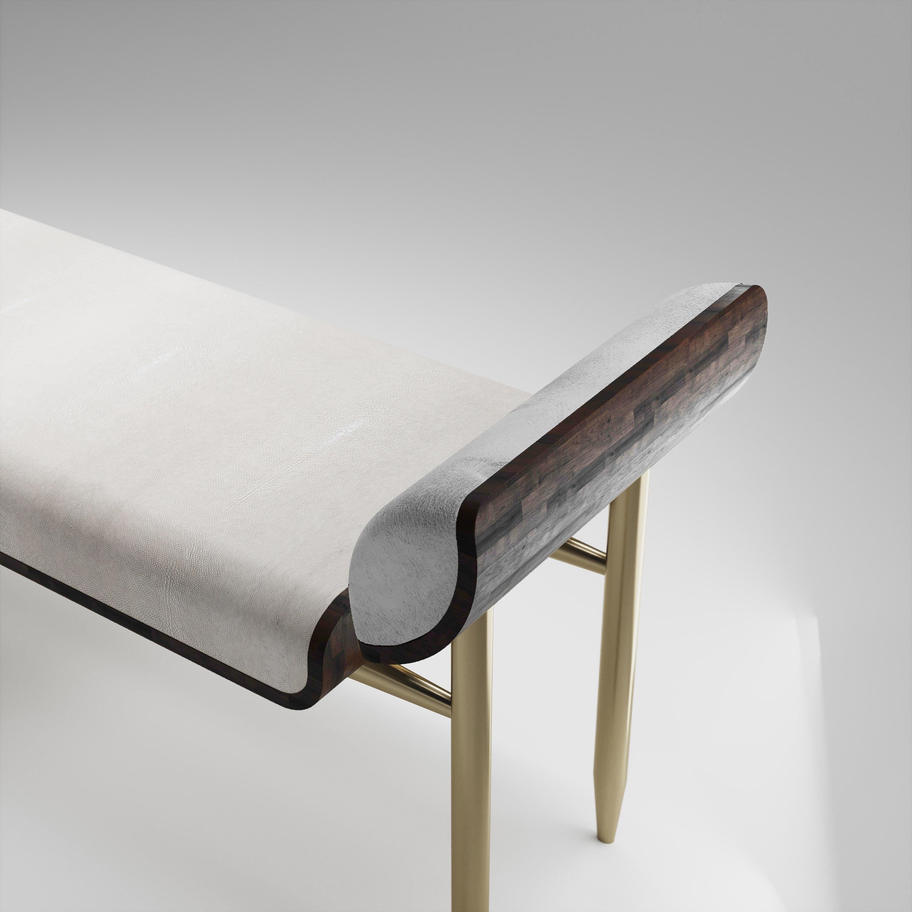 Inspired by the original Dandy bench by Kifu Paris (see images at end of slide), the Dandy II Bench is the ultimate luxury seating. The seating area is inlaid in cream shagreen the frame and sides of the bench are in Palmwood and the legs are