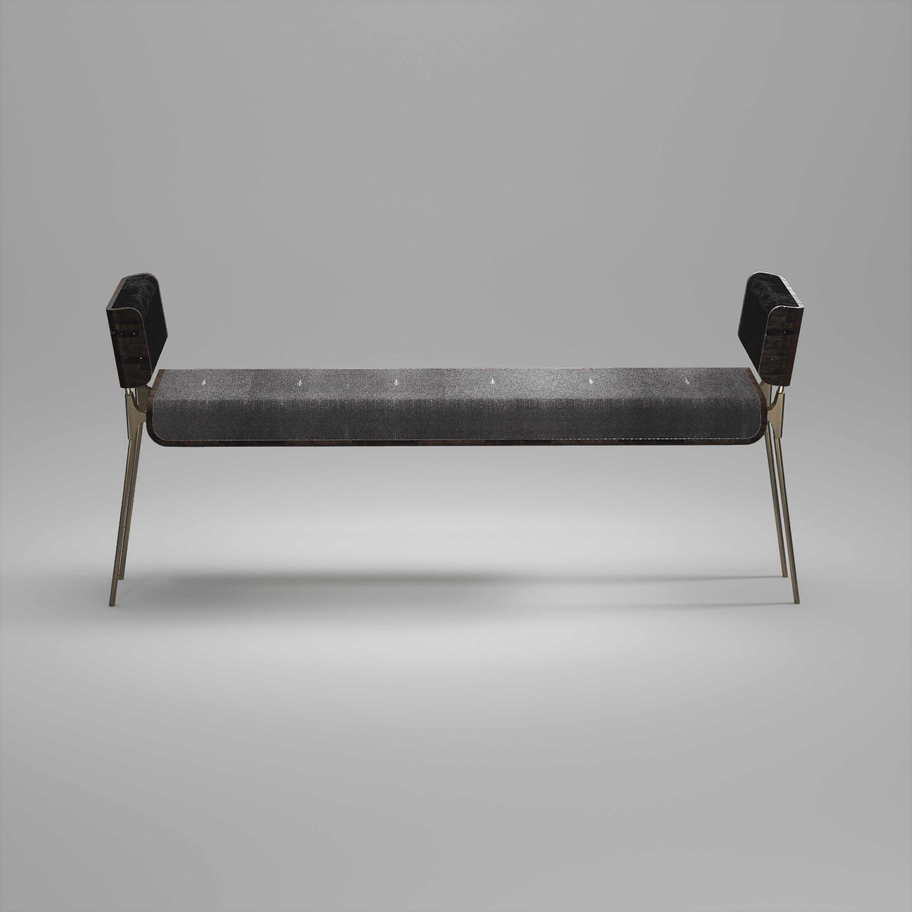 Art Deco Shagreen Bench with Palmwood and Bronze-Patina Brass Details by Kifu Paris For Sale