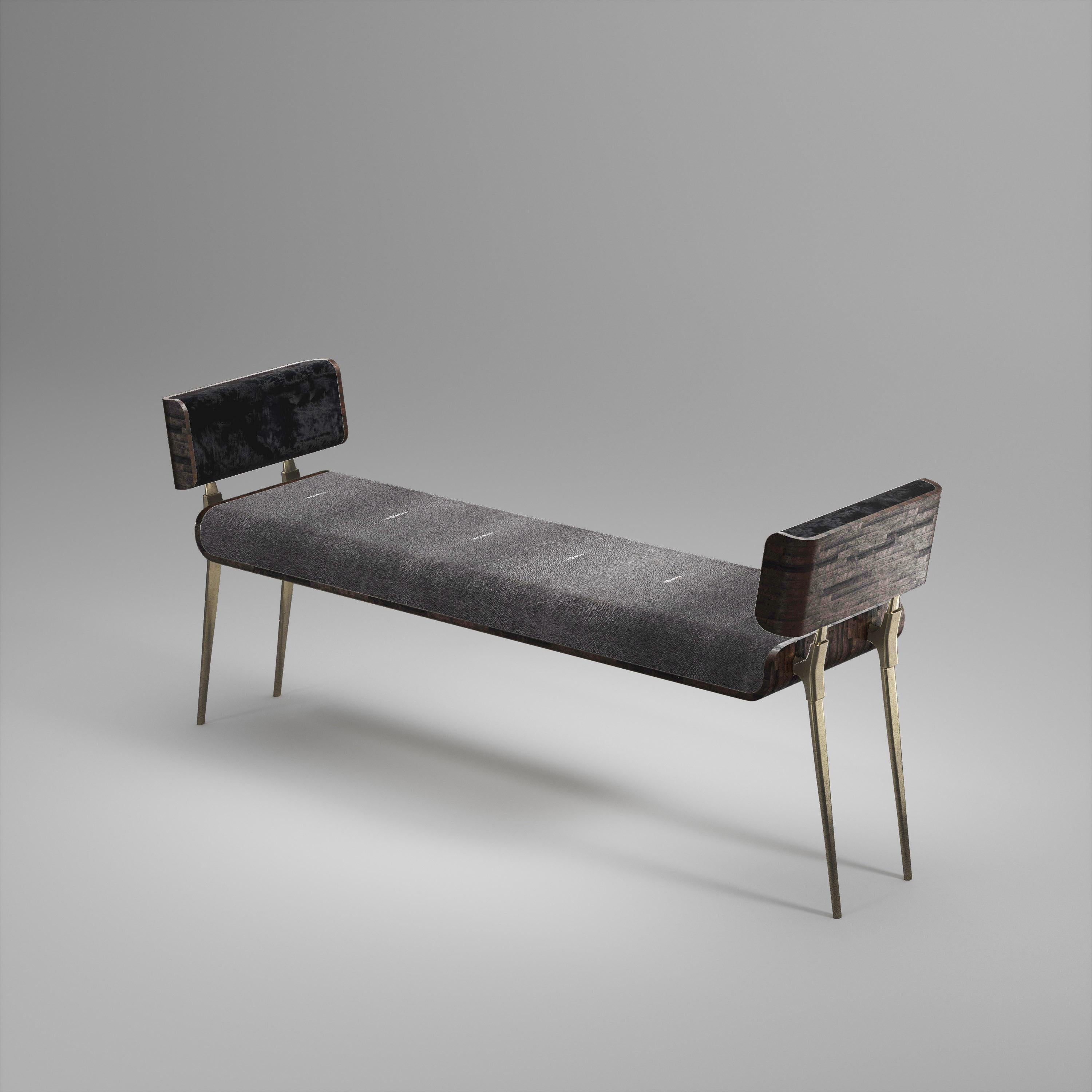 Contemporary Shagreen Bench with Palmwood and Bronze-Patina Brass Details by Kifu Paris For Sale