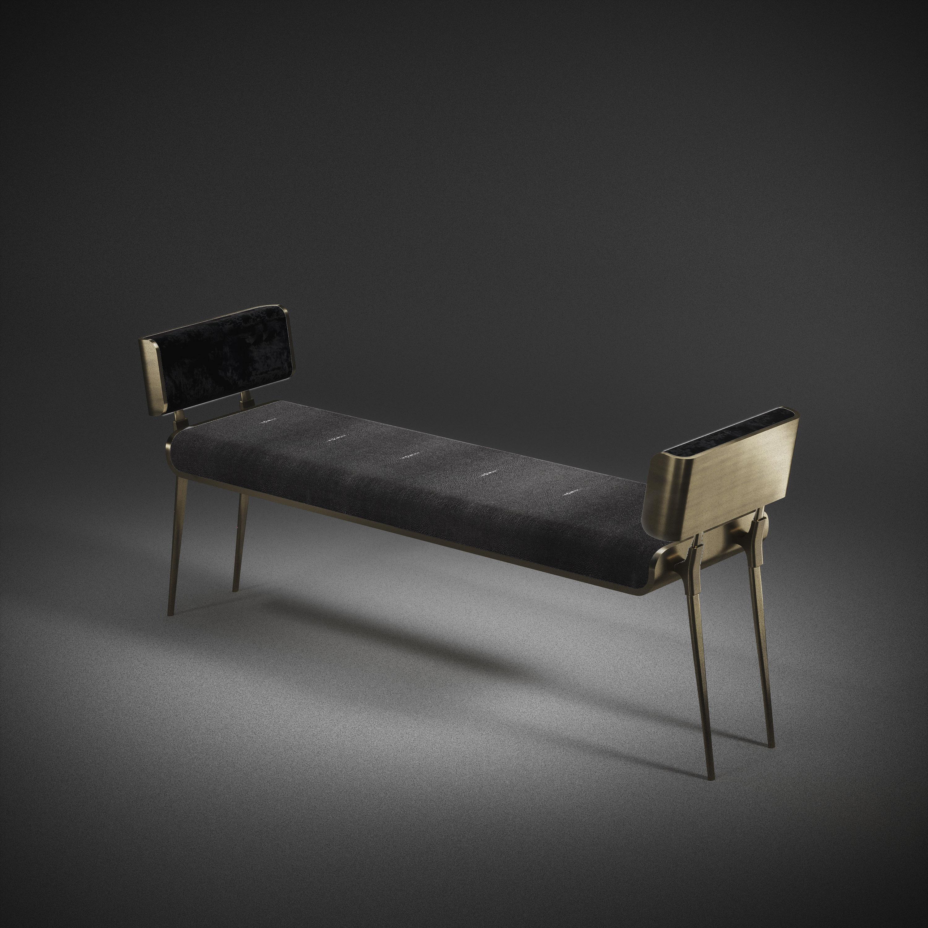 Contemporary Shagreen Bench with Palmwood and Bronze-Patina Brass Details by Kifu Paris For Sale