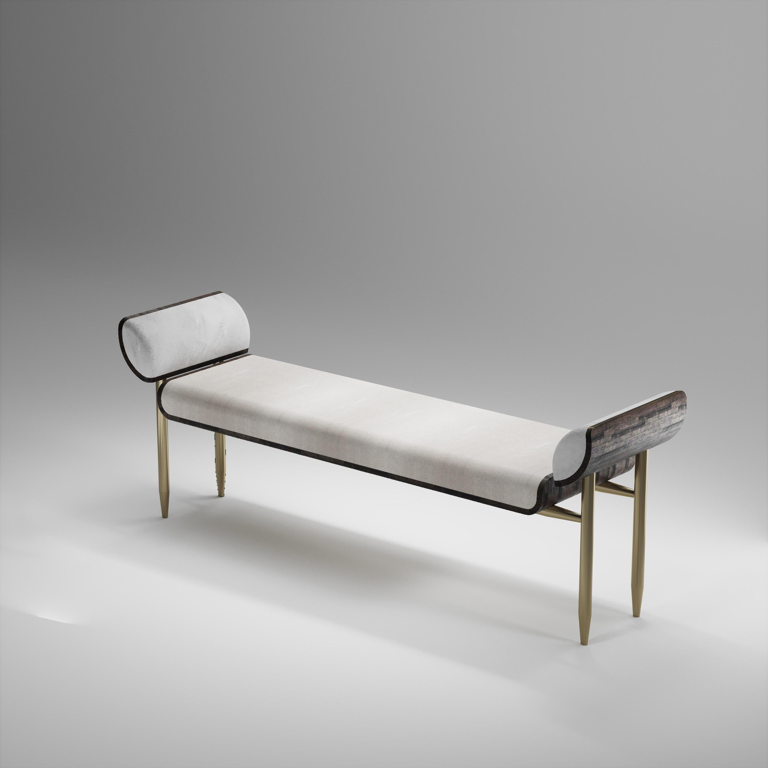 Shagreen Bench with Palmwood and Bronze-Patina Brass Details by Kifu Paris For Sale 2