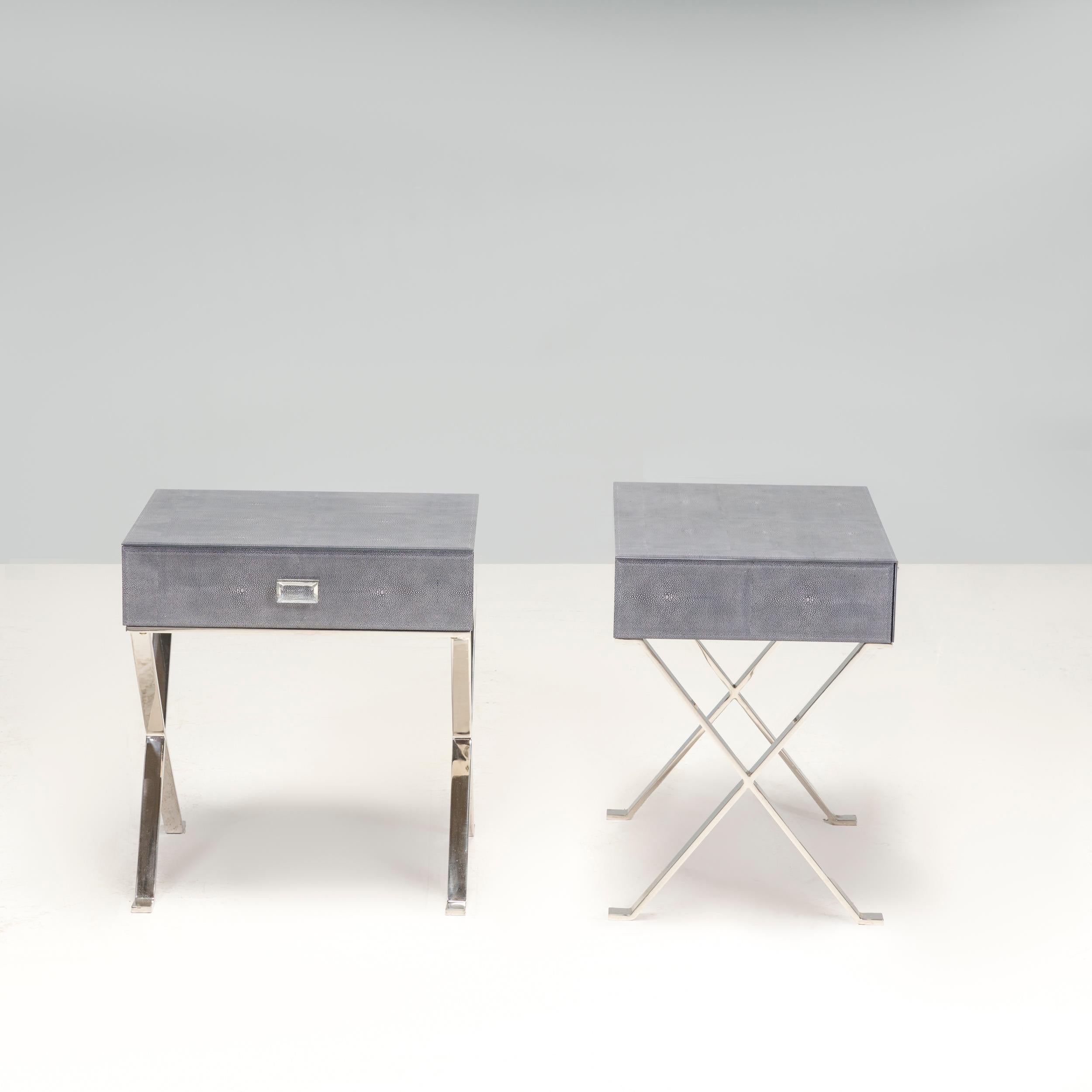 British Shagreen Blue Glass Bedside Tables, Set of Two For Sale