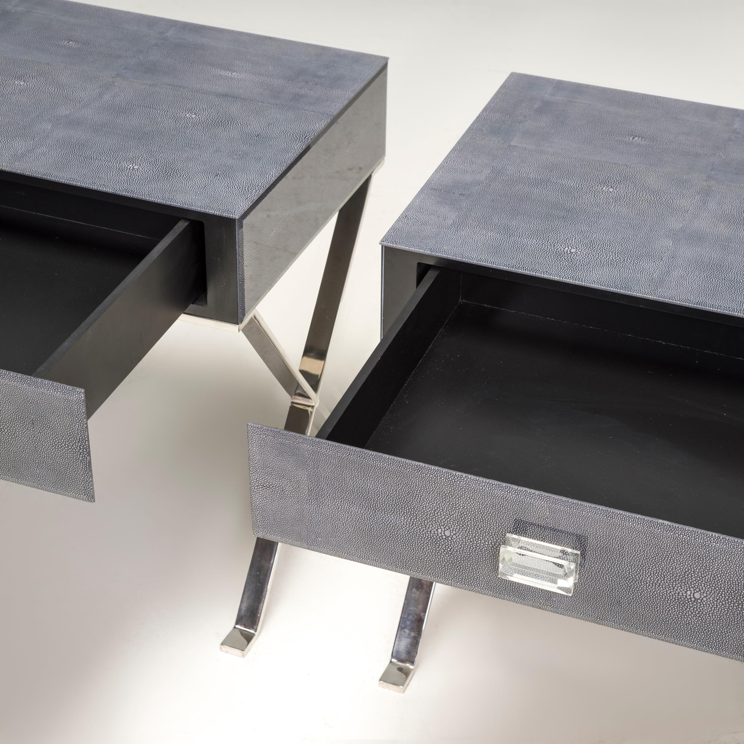 Contemporary Shagreen Blue Glass Bedside Tables, Set of Two For Sale
