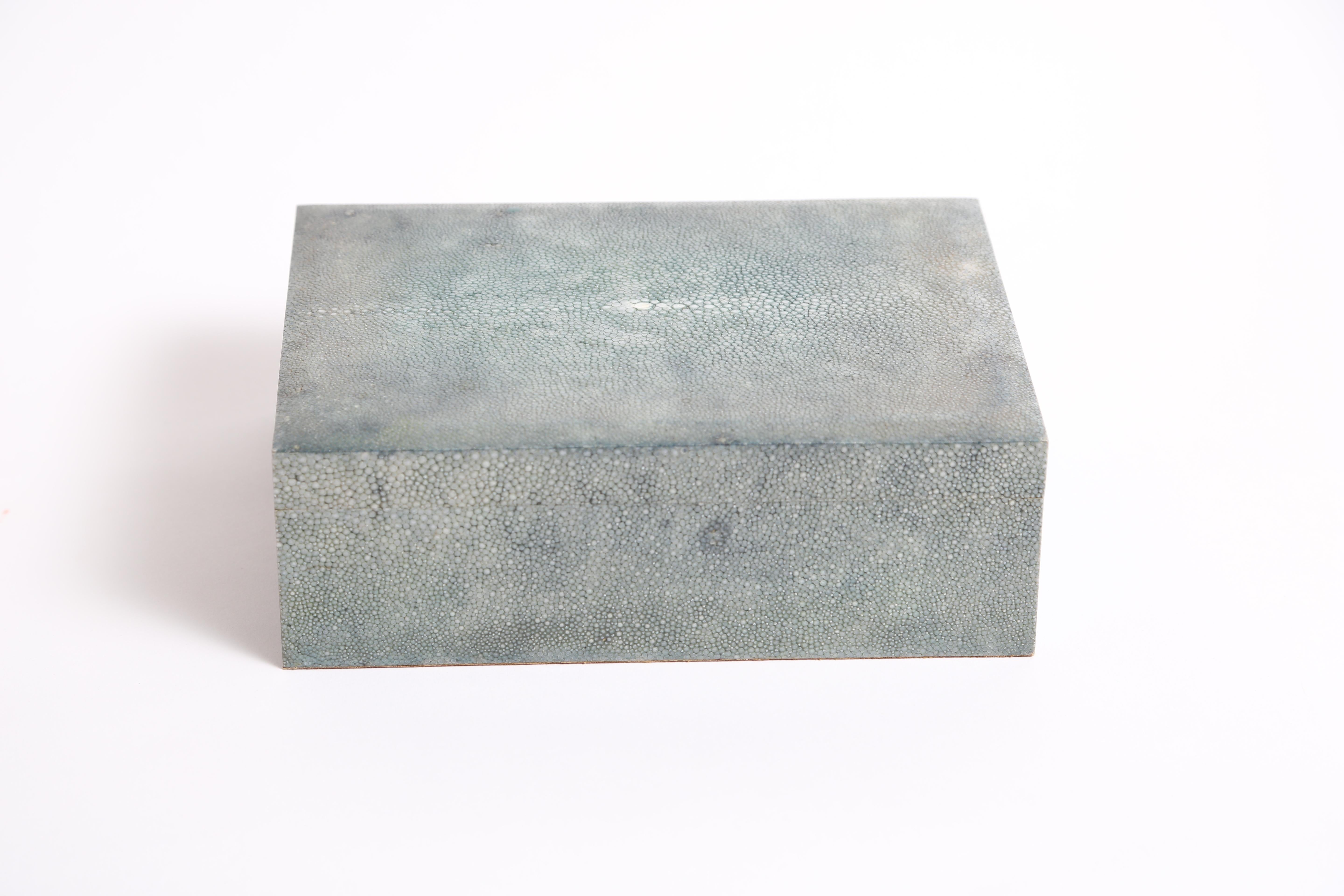 Maitland Smith Shagreen lidded box with wood interior.
Retains original label on the underside.