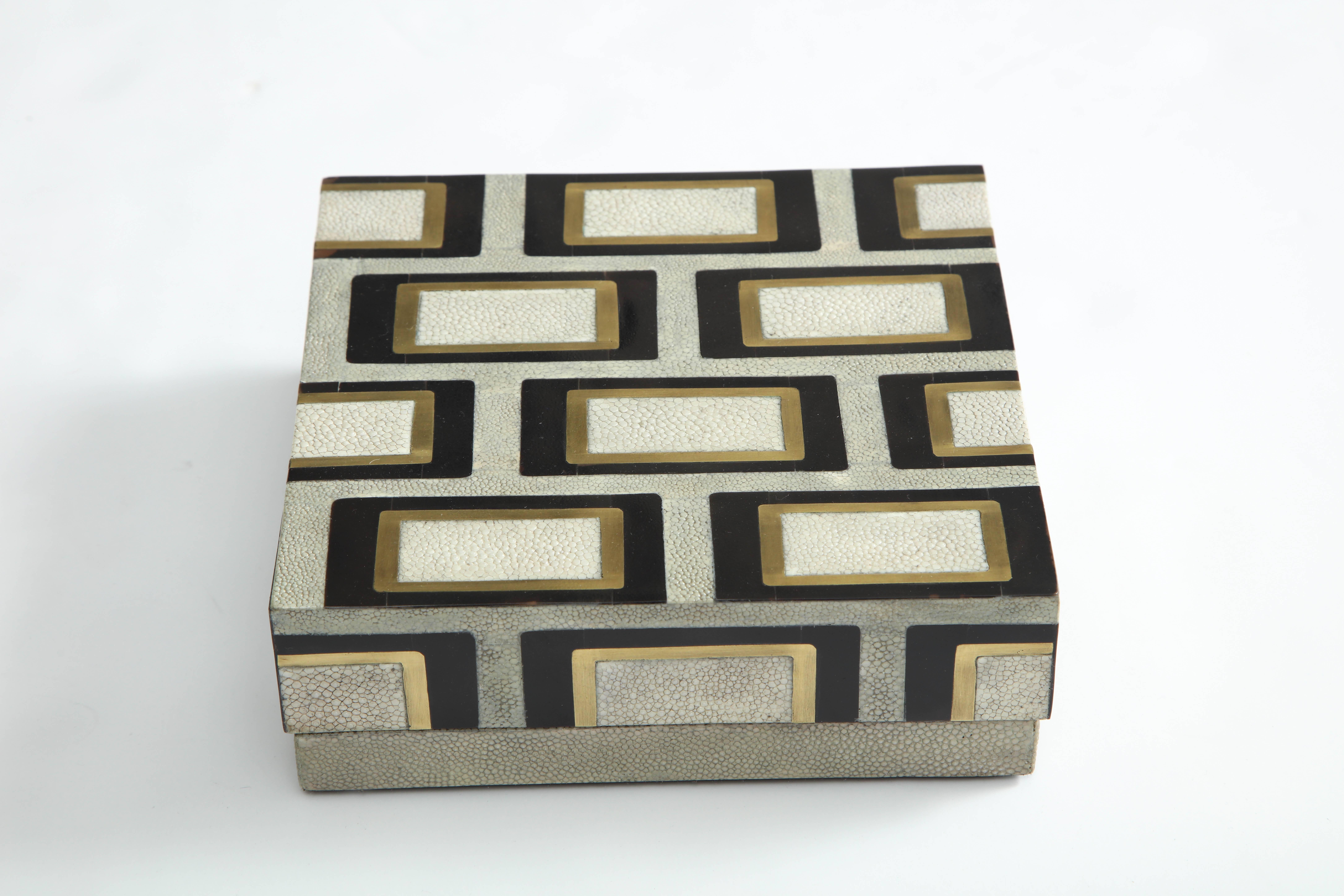Decorative, large box in shagreen, bronze and palm wood.