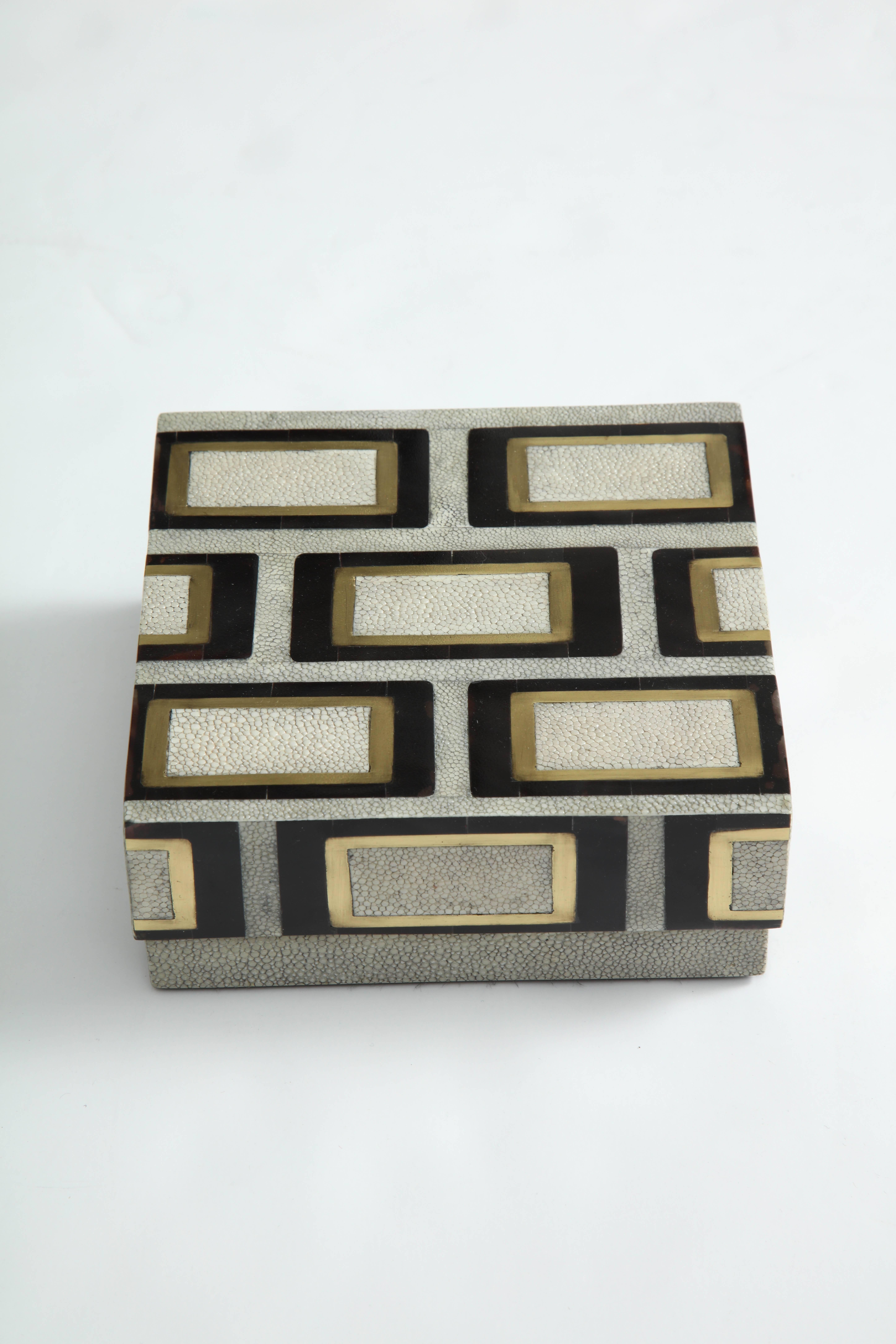 Decorative box made of shagreen, bronze and palm wood. Designed in France. Delivery time is about 15 weeks.