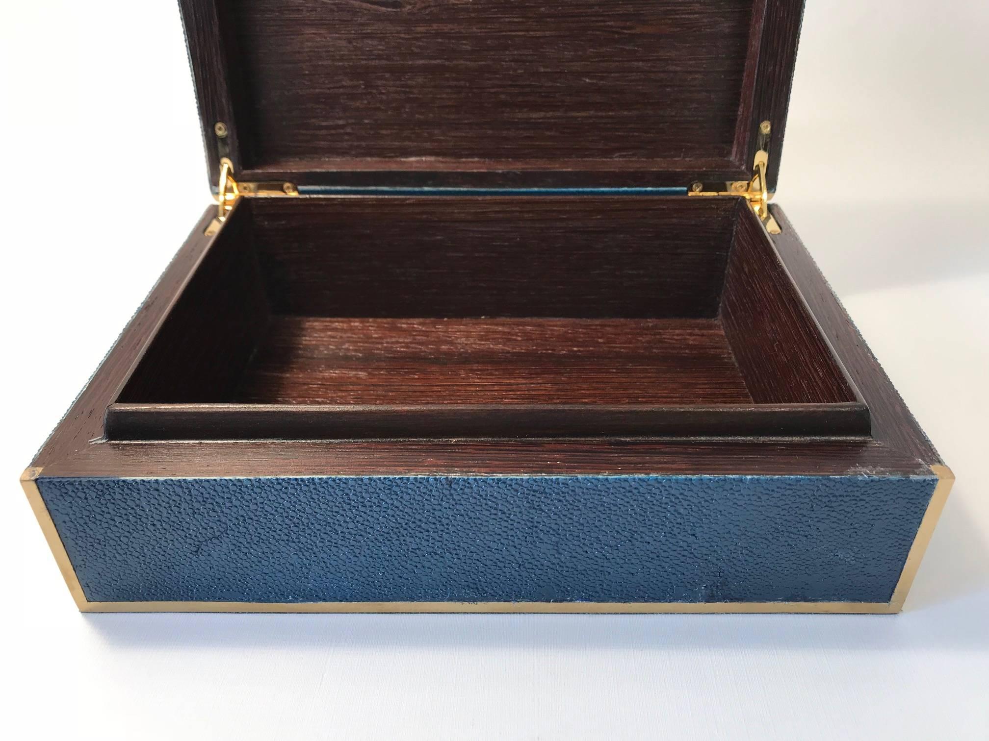 Contemporary Navy Blue and natural Shagreen Box with Brass Inlay  For Sale