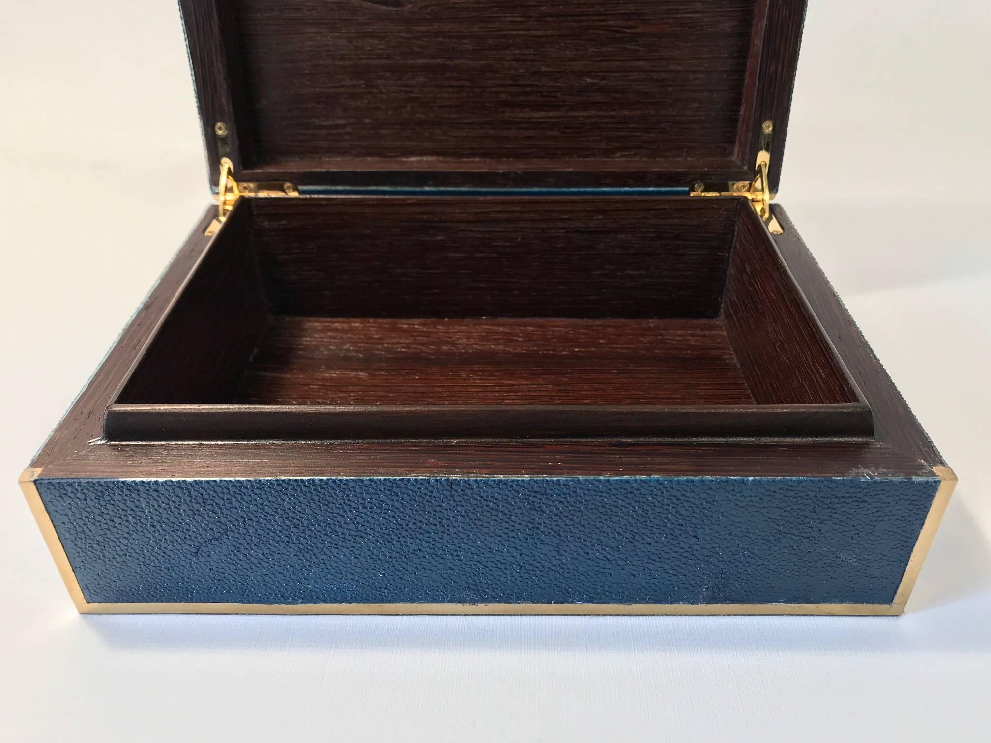 Navy Blue and natural Shagreen Box with Brass Inlay  For Sale 1