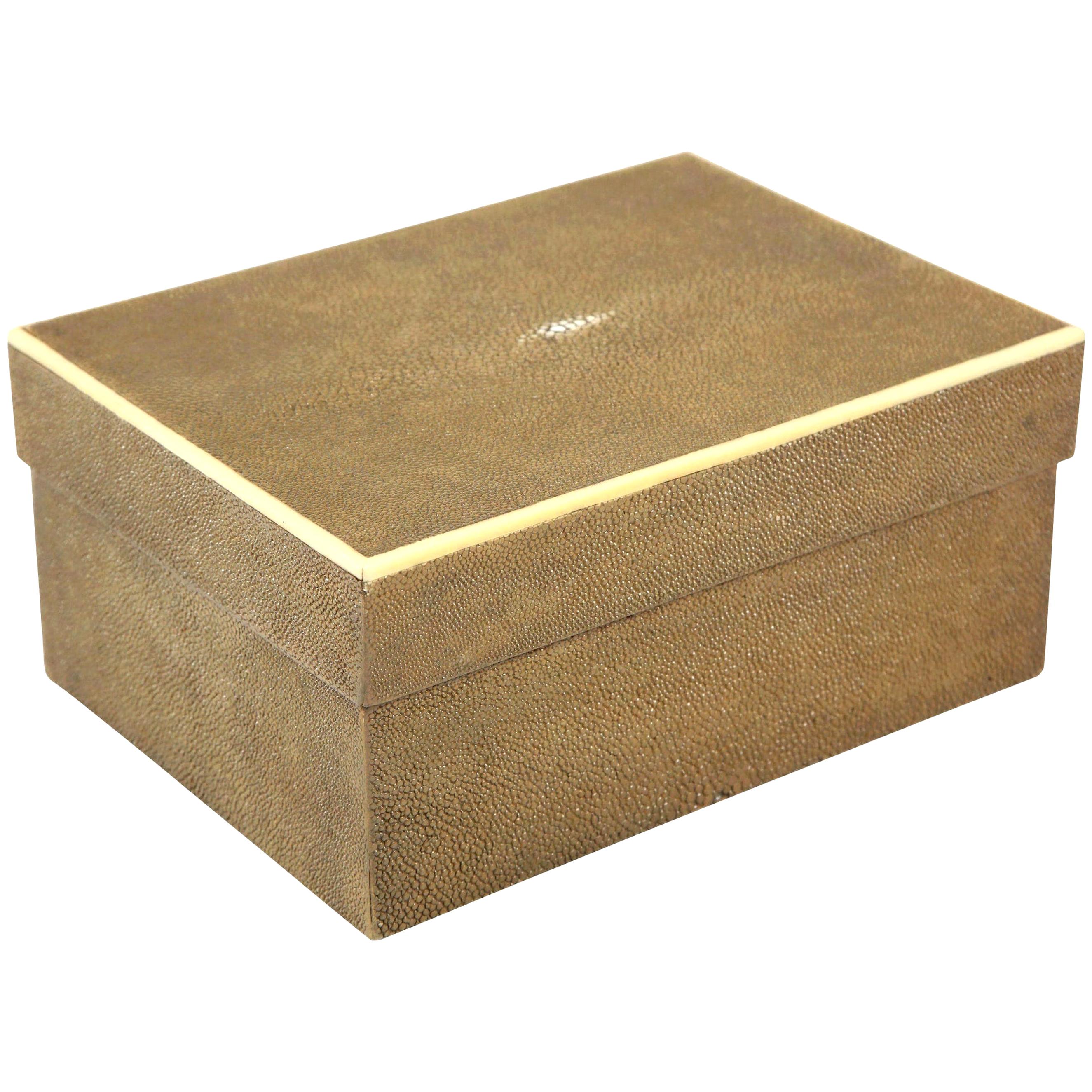 Decorative shagreen box with cream colored inlay. Beautiful shagreen work. Designed in France. We have the shagreen box in stock. Shoe box design.