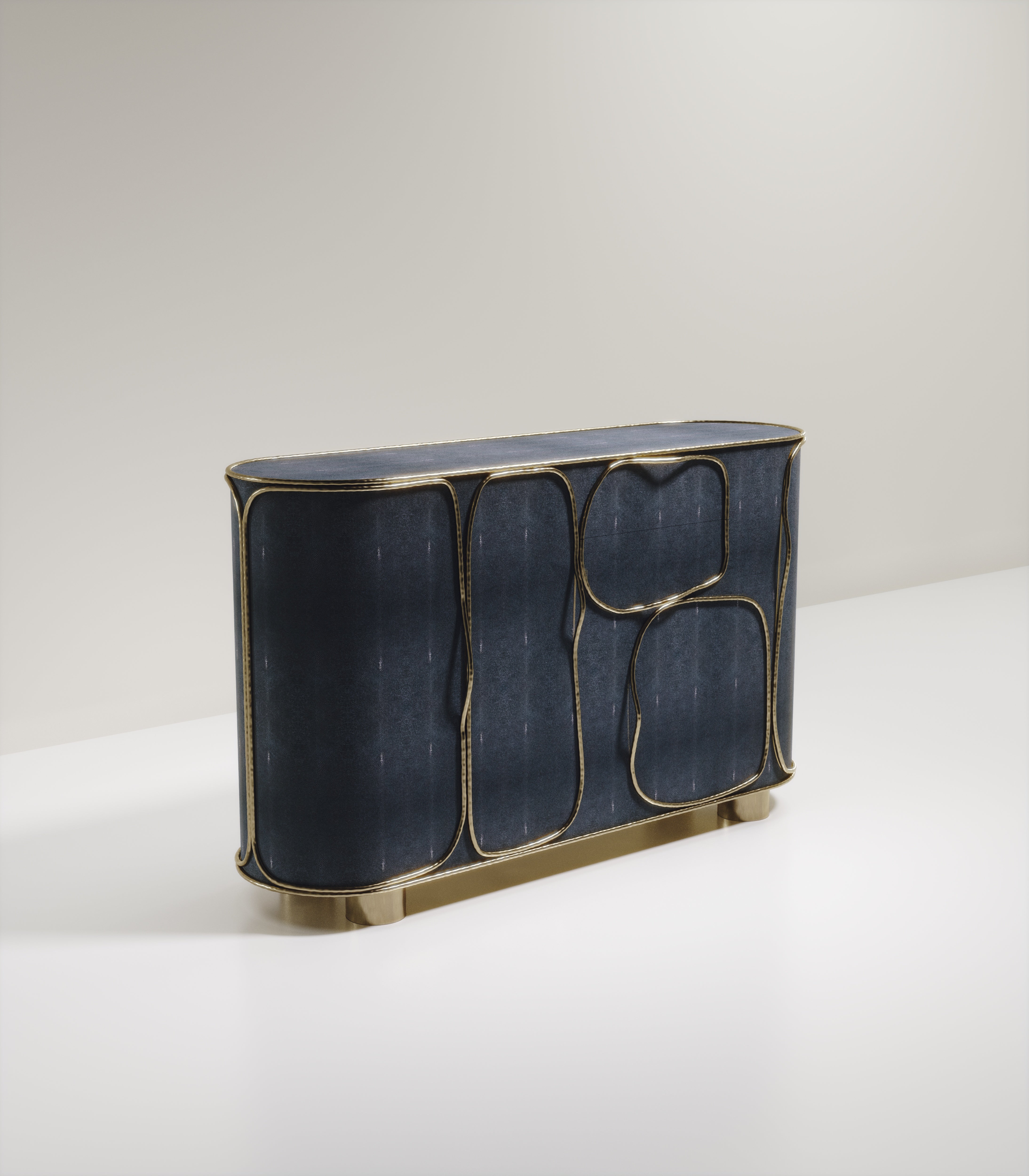 The Arianne Buffet by R&Y Augousti is one of a kind statement piece. The overall piece is inlaid in a denim blue shagreen accentuated with intricate bronze-patina brass details that have the signature Augousti 