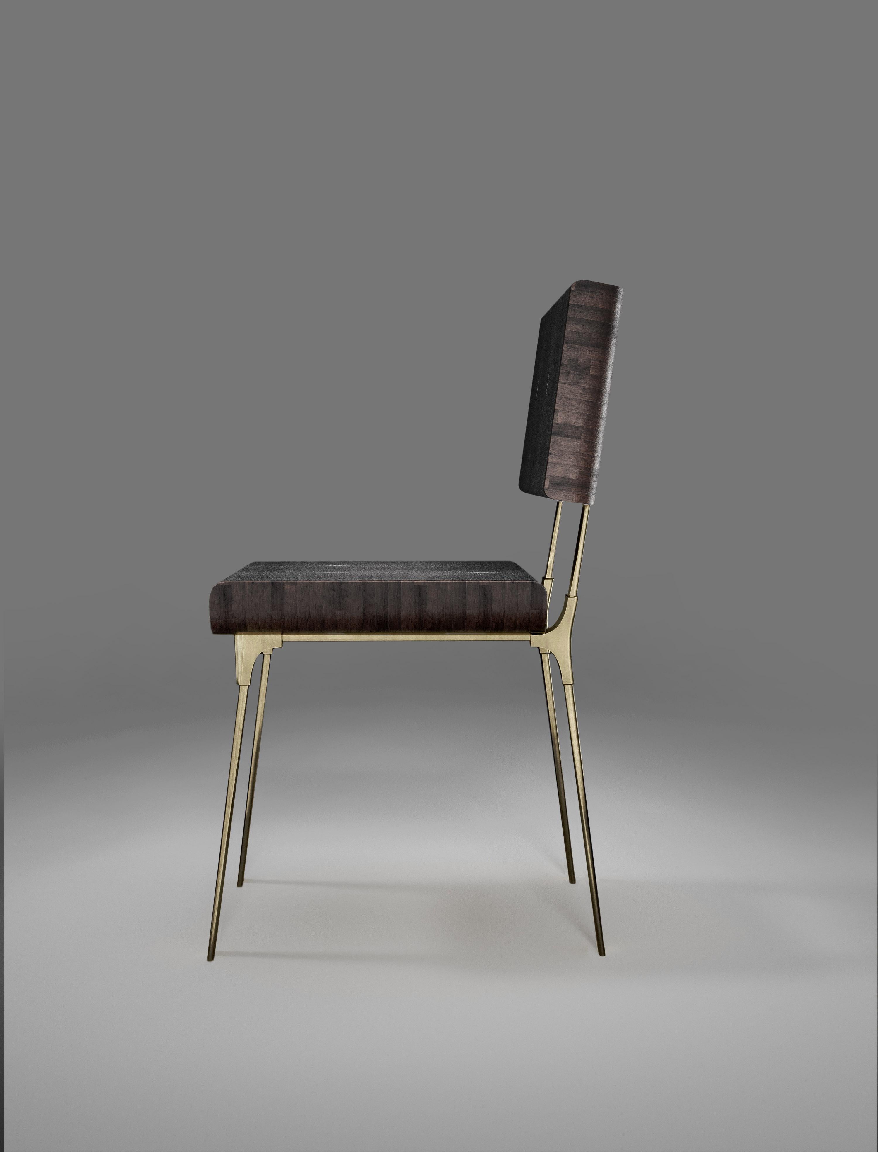 Inspired by the original Dandy bench by Kifu Paris (see images at end of slide), the Dandy II chair is the ultimate luxury seating for a dining room or corner area. The seating area is inlaid in coal black shagreen and the legs, frame and sides of
