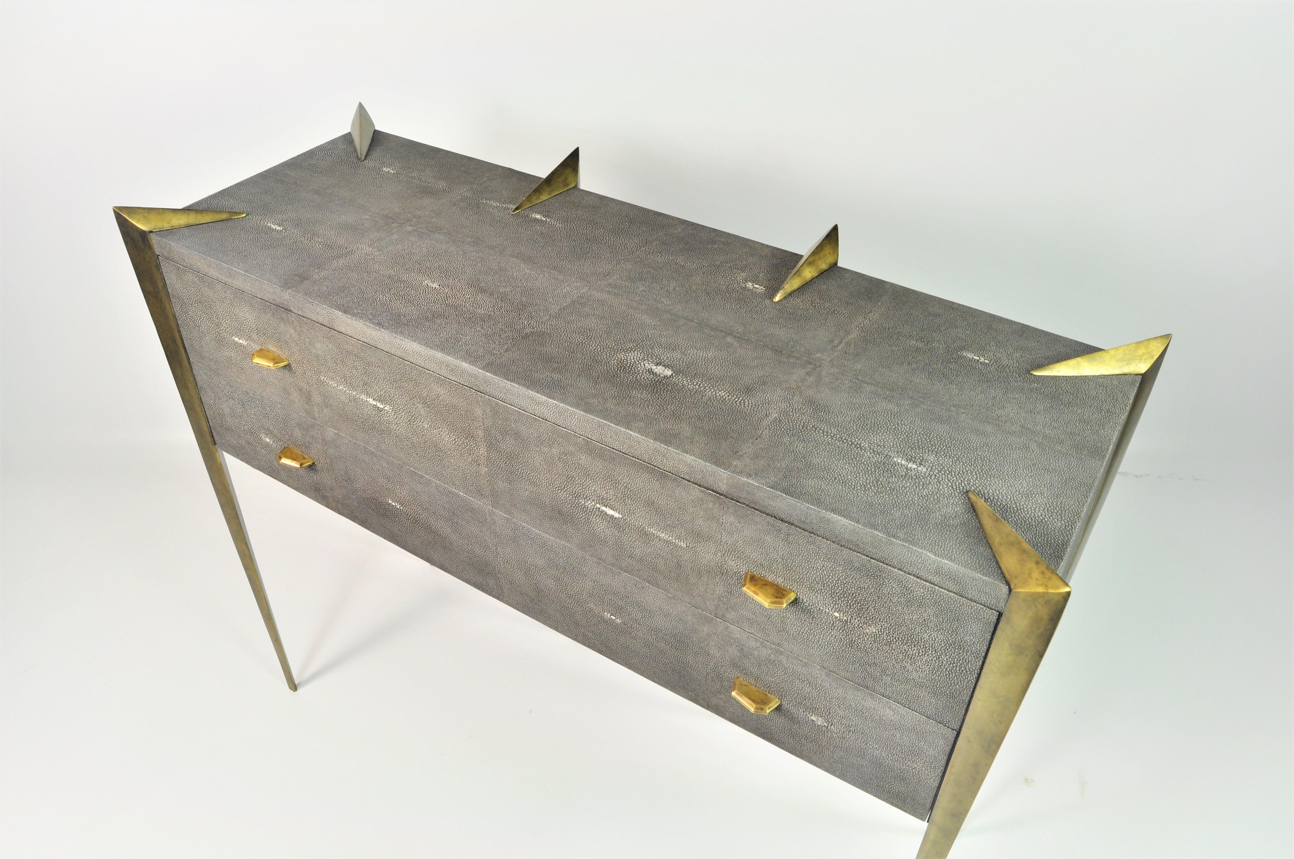Modern Shagreen Chest of Drawers with Antique Brass Patina Legs by Ginger Brown For Sale