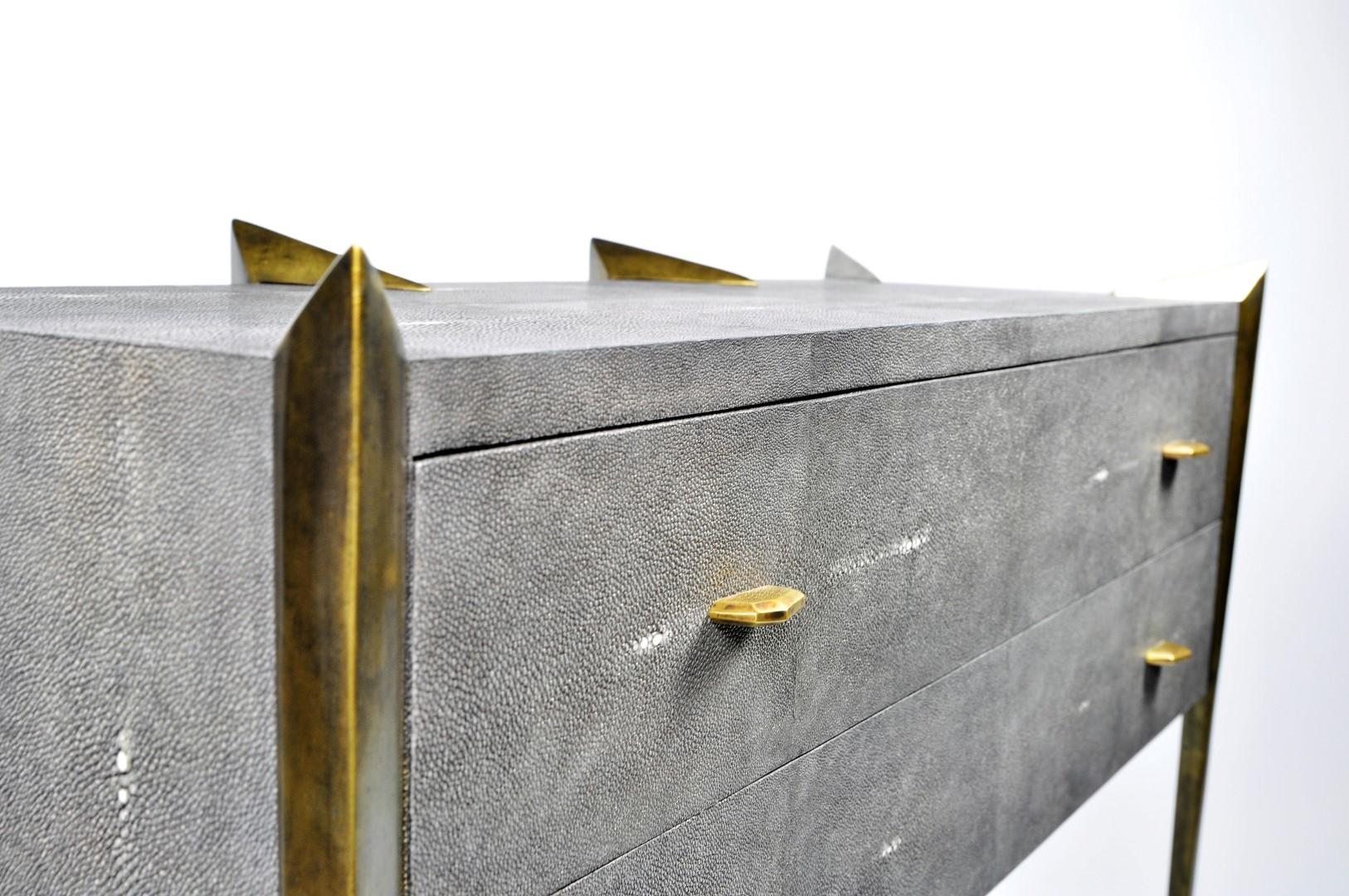 Patinated Shagreen Chest of Drawers with Antique Brass Patina Legs by Ginger Brown For Sale