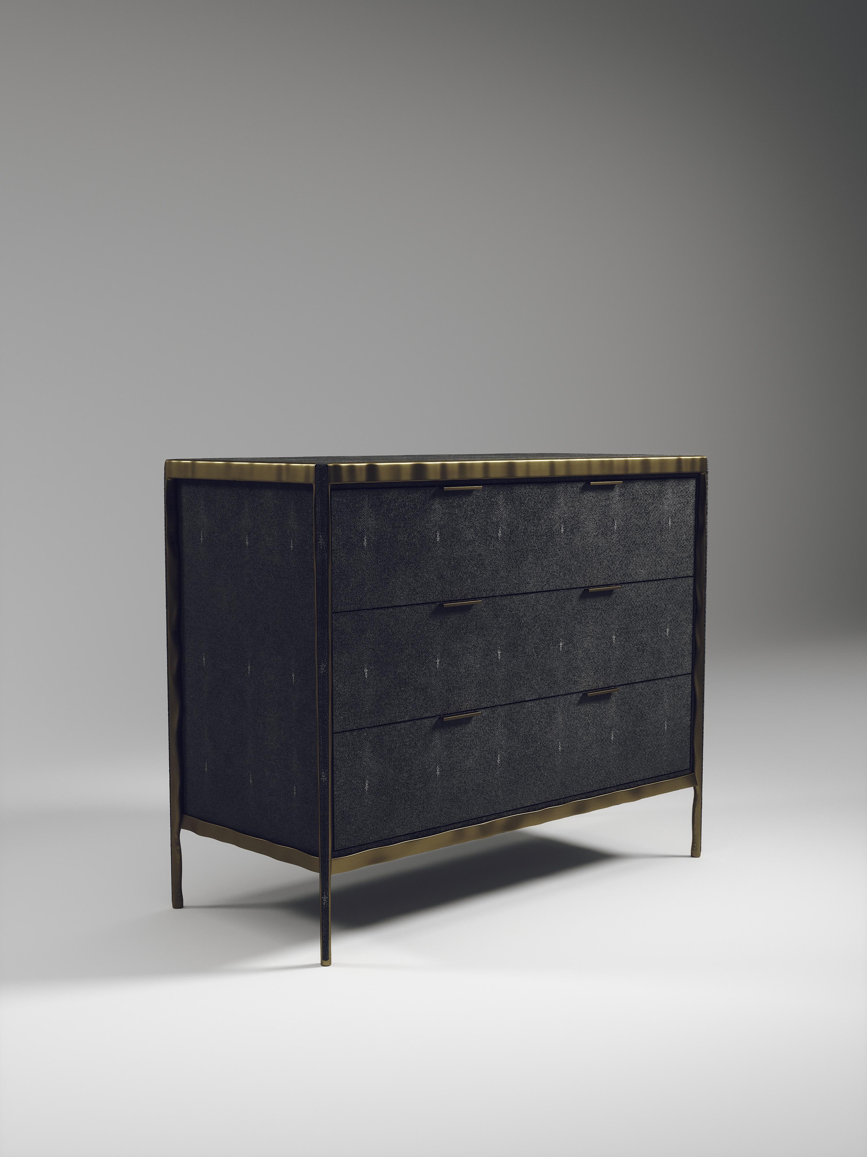 Art Deco Shagreen Chest of Drawers with Bronze-Patina Brass Details by R&Y Augousti For Sale