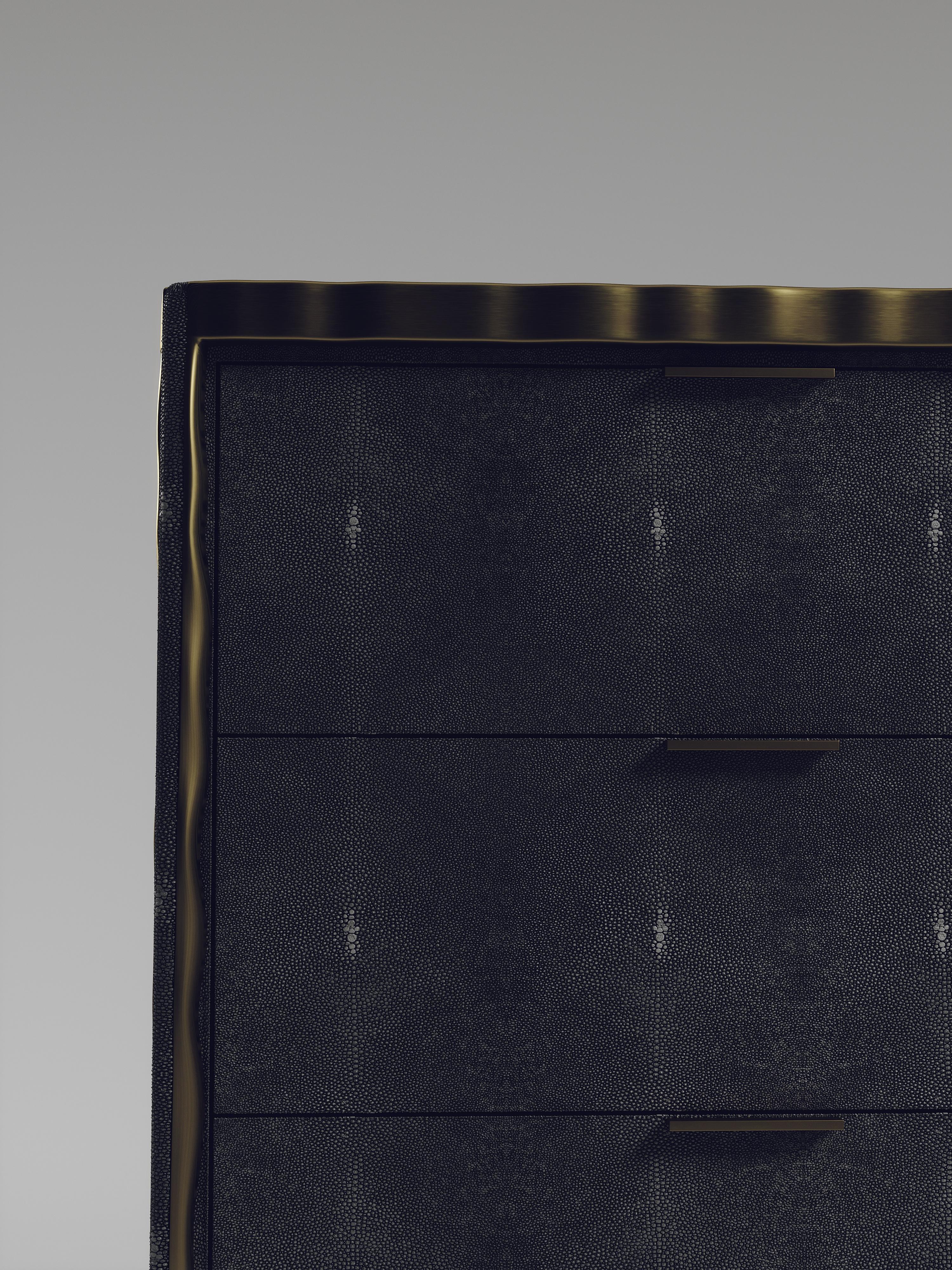 Hand-Crafted Shagreen Chest of Drawers with Bronze-Patina Brass Details by R&Y Augousti For Sale