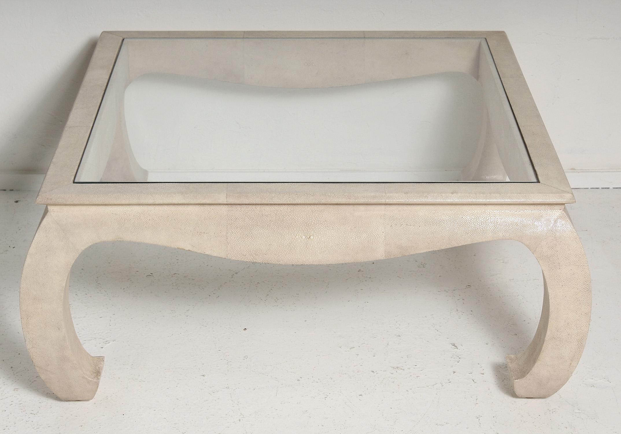 Natural shagreen coffee table by Maitland Smith with glass top, circa 1980.