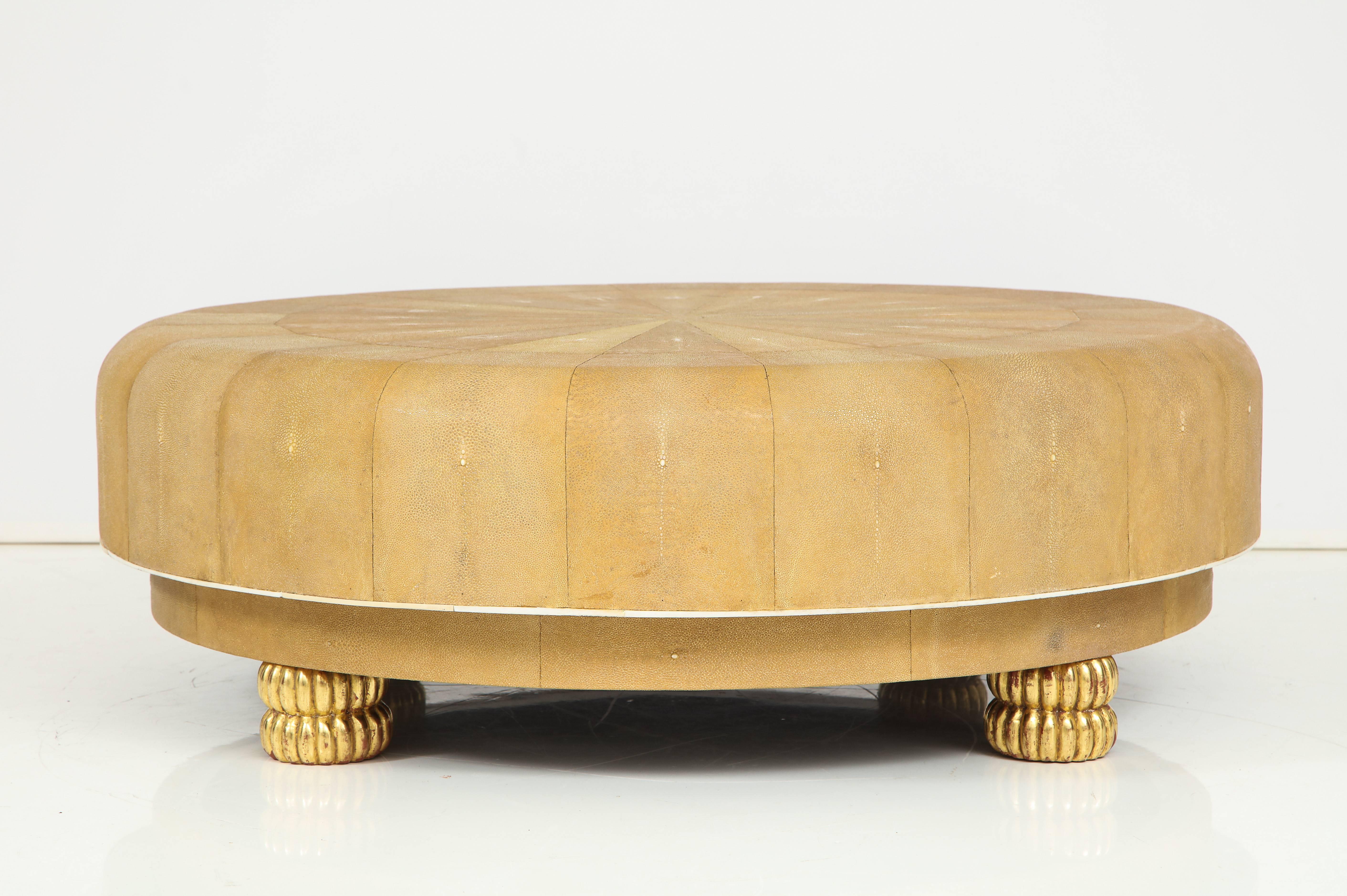 Of circular form, the shagreen with subtle gold lustrous surface and arranged in a natural sunburst pattern. This is an exceptional, custom-made piece from the 1970s Attributed to Karl Springer.
American, 1970s.
Size: 15 1/2