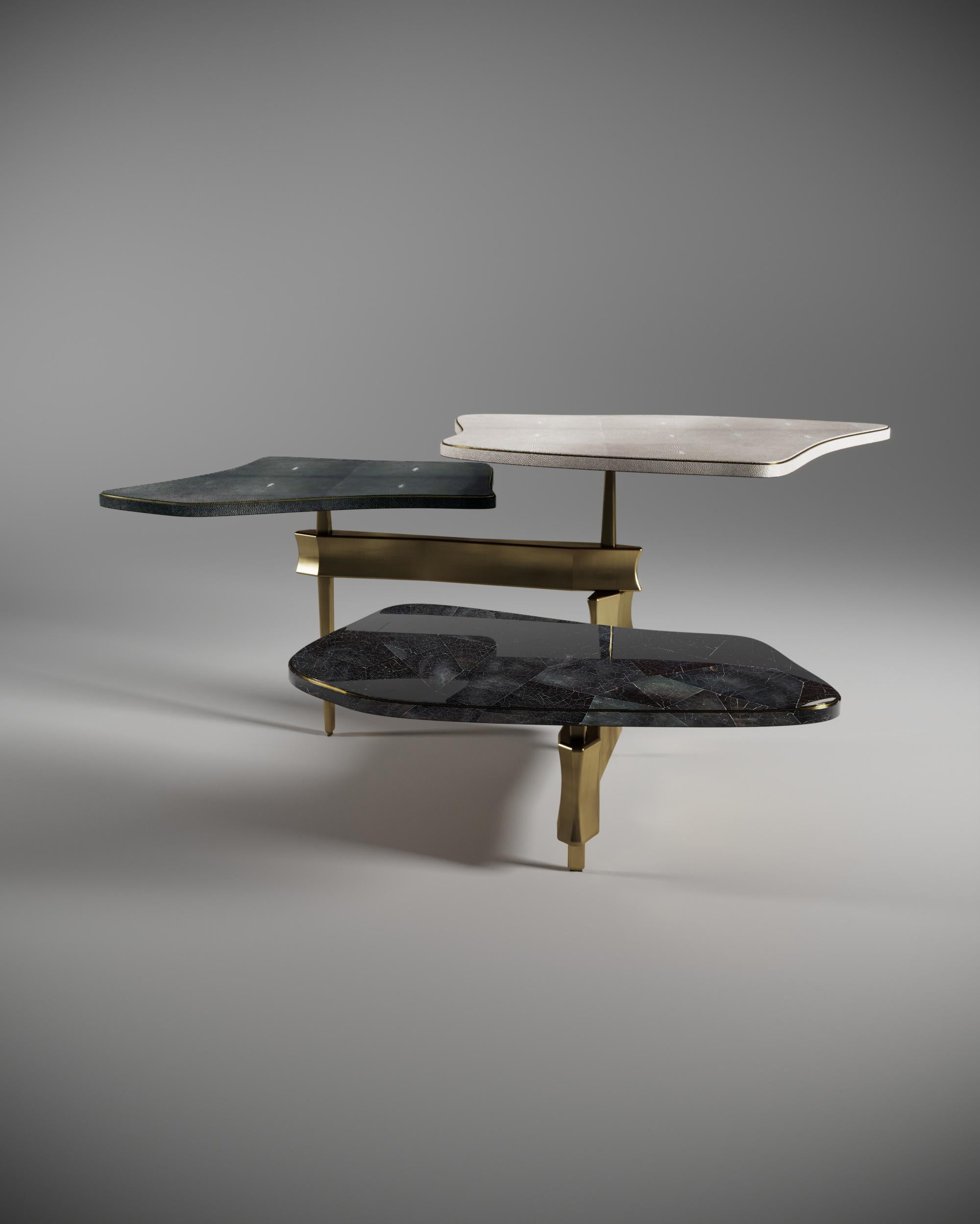 French Shagreen Coffee Table with Shell and Bronze Patina Brass Accents by Kifu Paris For Sale
