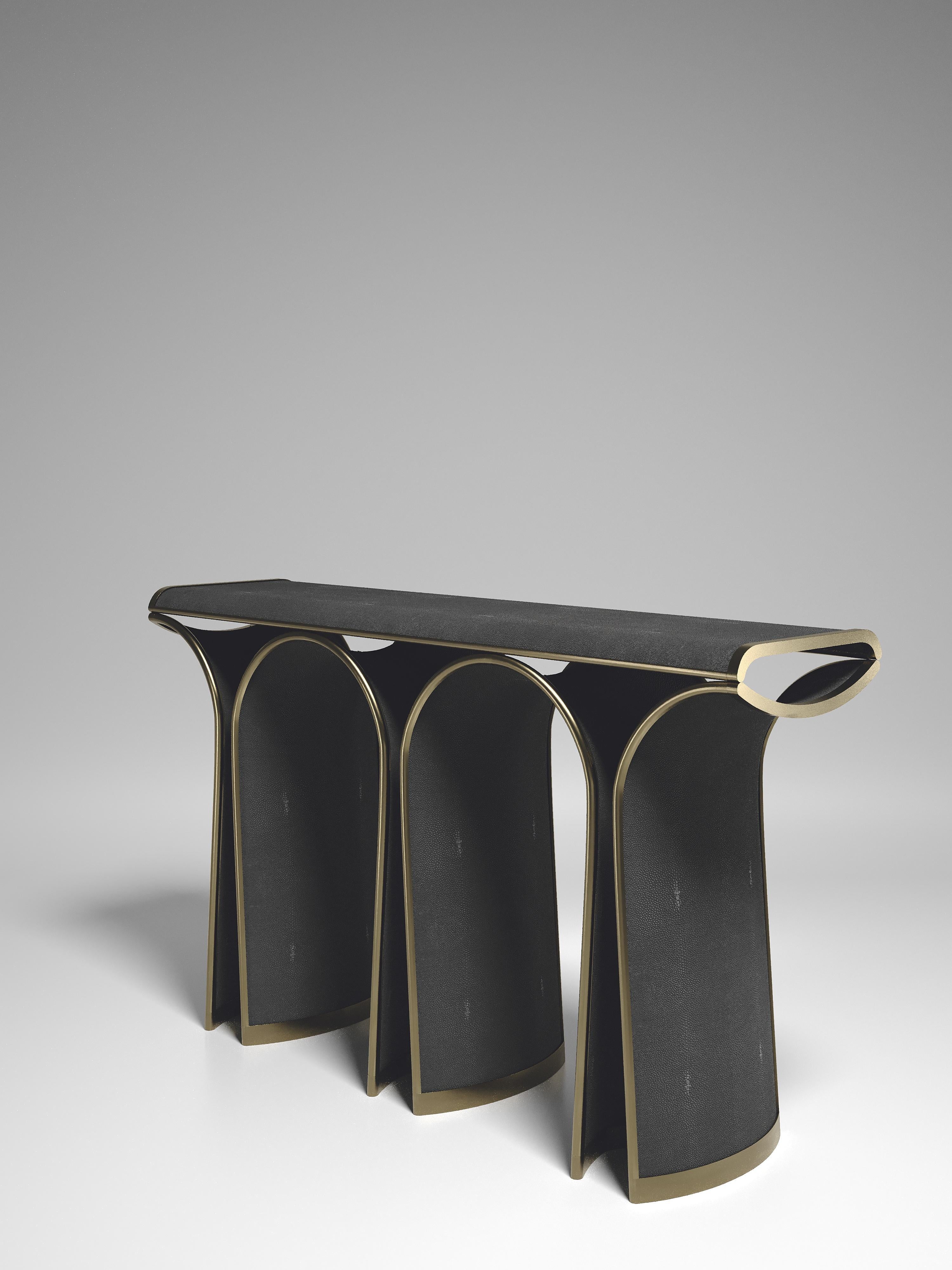 Art Deco Shagreen Console with Bronze-Patina Brass Details by R&Y Augousti For Sale