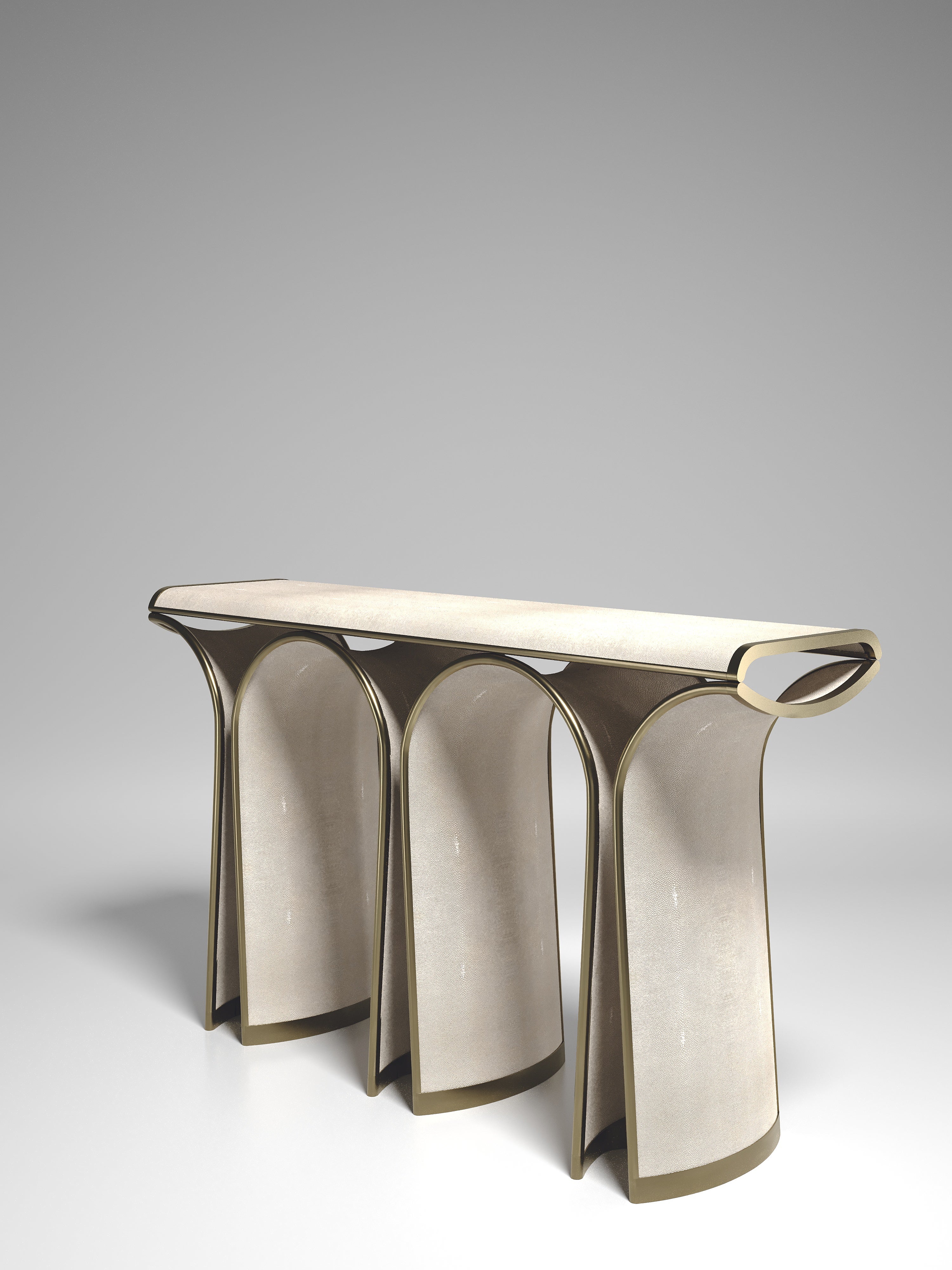 Art Deco Shagreen Console with Bronze-Patina Brass Details by R&Y Augousti For Sale